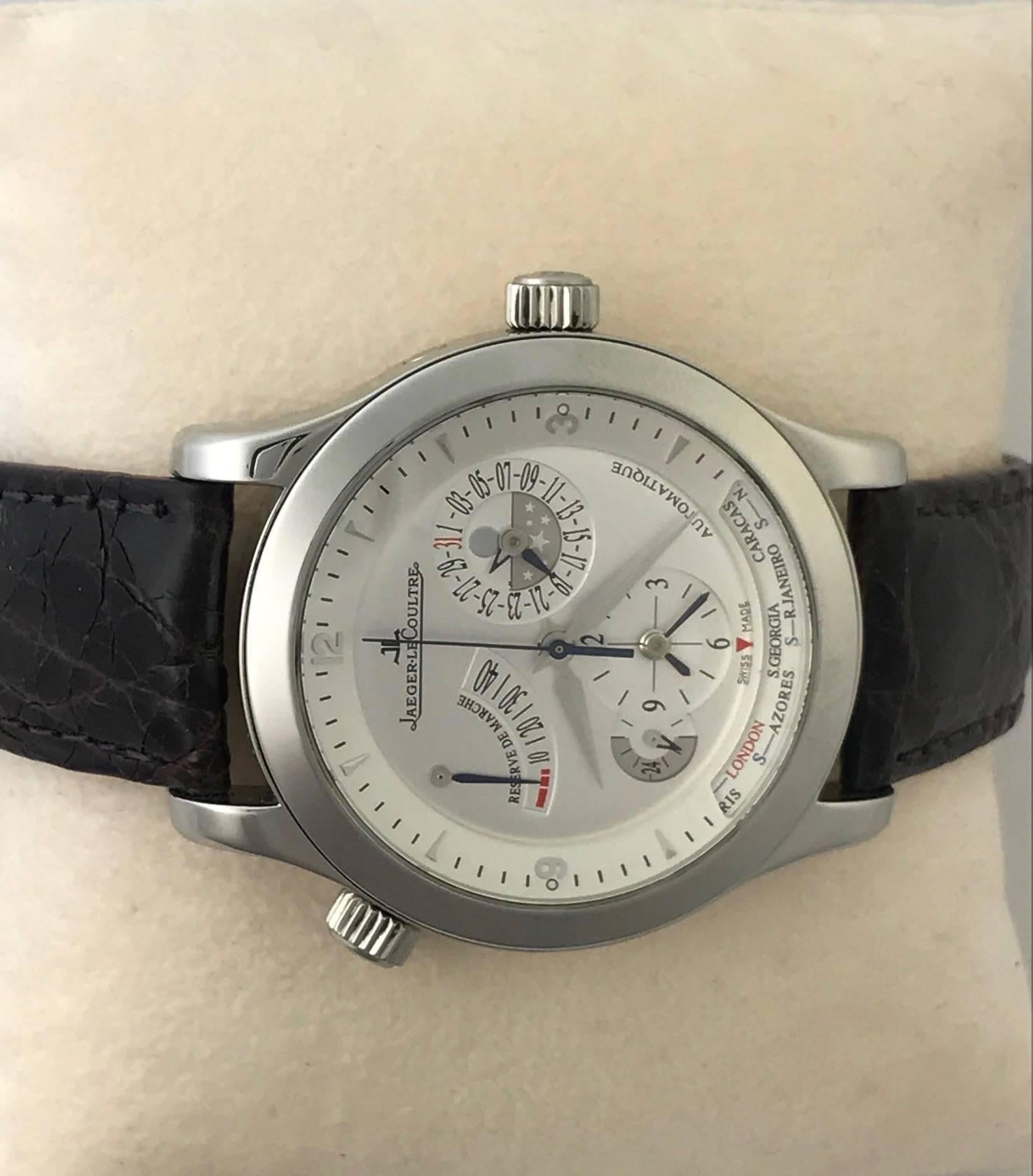 Jaeger LeCoultre stainless Steel Master Geographique Automatic Wristwatch In New Condition In Dallas, TX