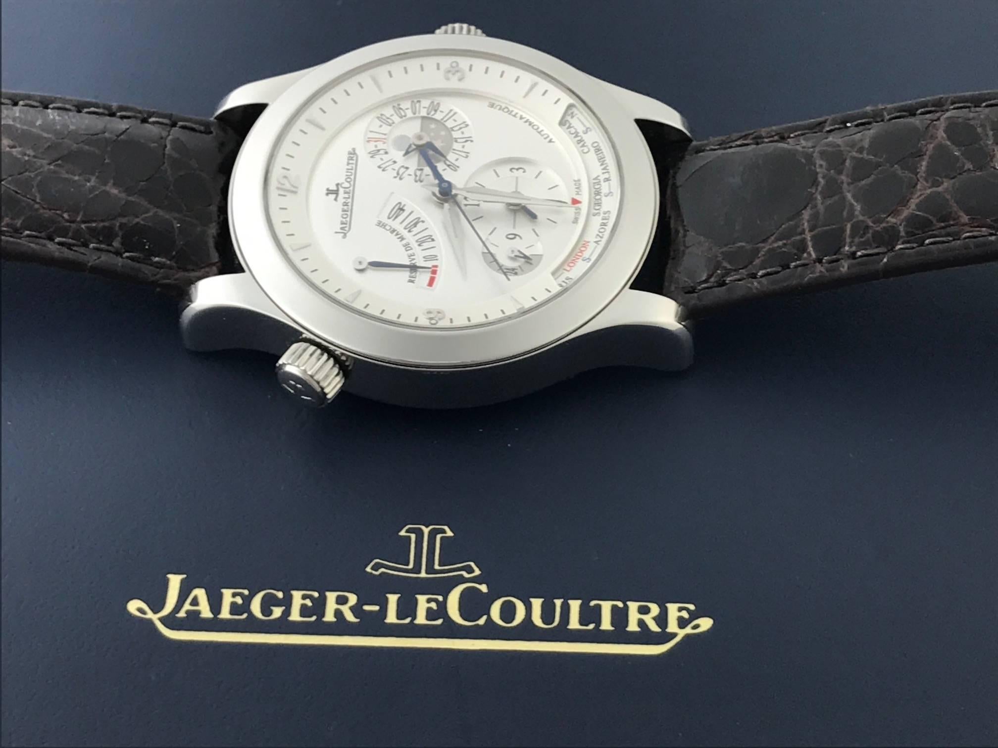 Men's Jaeger LeCoultre stainless Steel Master Geographique Automatic Wristwatch