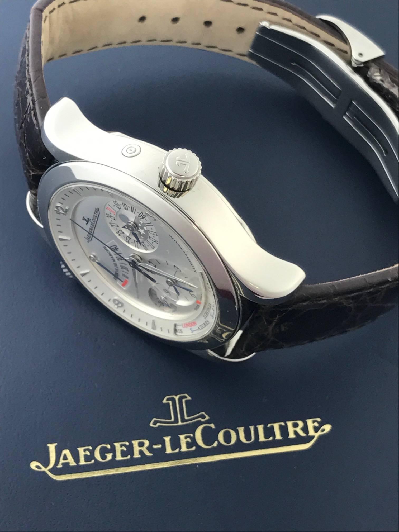 The Jaeger-LeCoultre Master Geographique Model 150.84.20 certified pre-owned contemporary mens wrist watch. The World Time complication features 24 Cities/Dual Time Zone/Power Reserve Indicator/AM - PM Indicator and date functionality. Beautiful