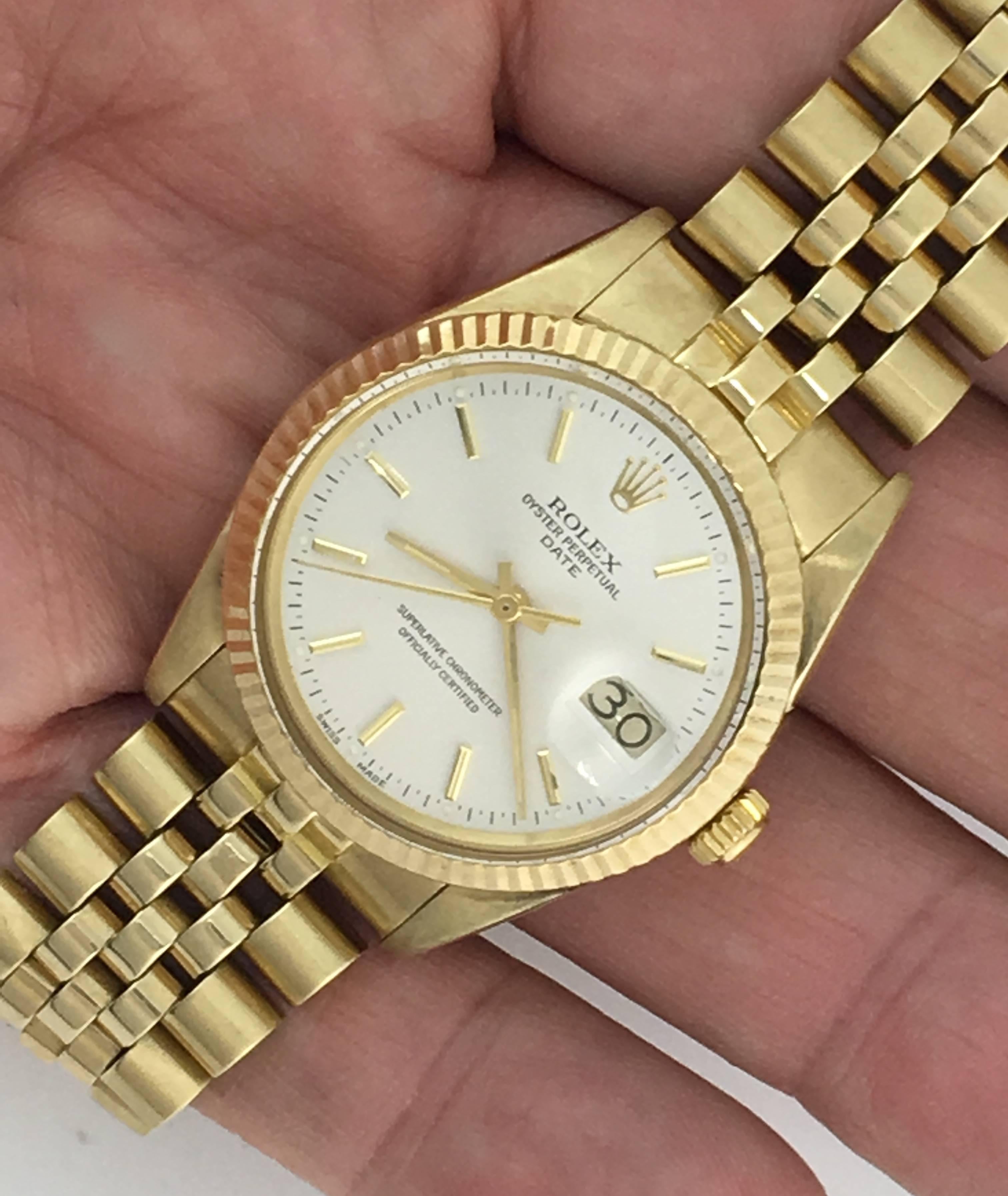 Manufacturer: Rolex
Model Name: Date
Model Number: Model 15037
Gender: Mens
Movement: Automatic Winding
Movement Details: Oyster Perpetual Date
Case: 14k Yellow Gold case with fluted bezel (34mm dia.)
Bracelet: 14k Yellow Gold Jubilee bracelet
Dial: