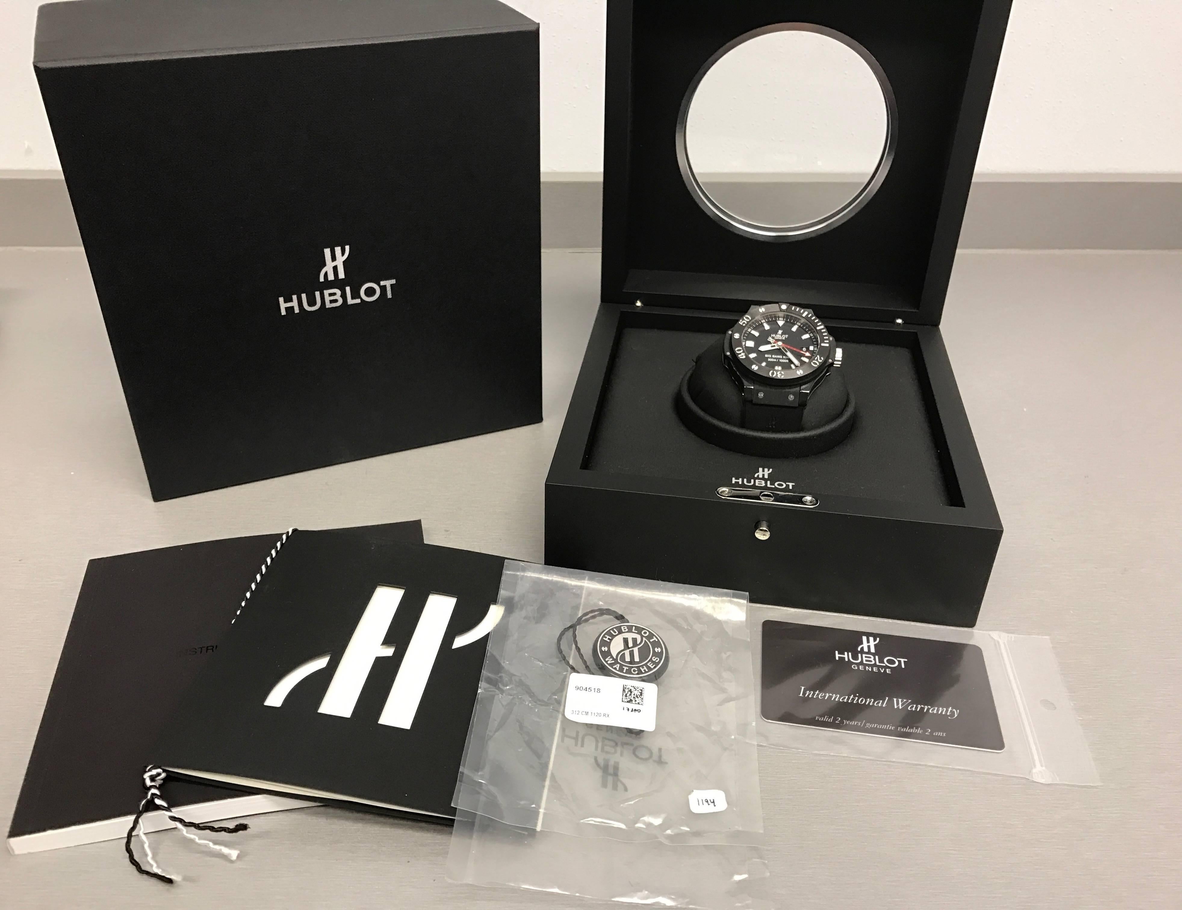 Manufacturer: Hublot
Model Name: Big Bang King
Model Number: 312.CM.1120.RX
Gender: Mens
Movement: Automatic Winding with Date
Movement Details: Black Magic. Hublot HUB 1400 Automatic Winding Movement
Case: Black ceramic & Stainless Steel case with