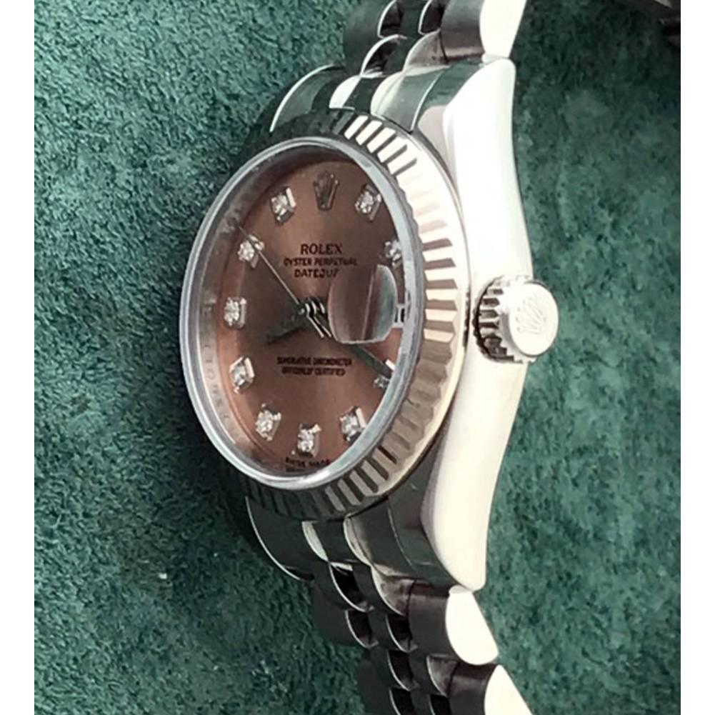 Rolex Ladies Stainless Steel Rose Dial Datejust Wristwatch Ref 179174 In Excellent Condition For Sale In Dallas, TX