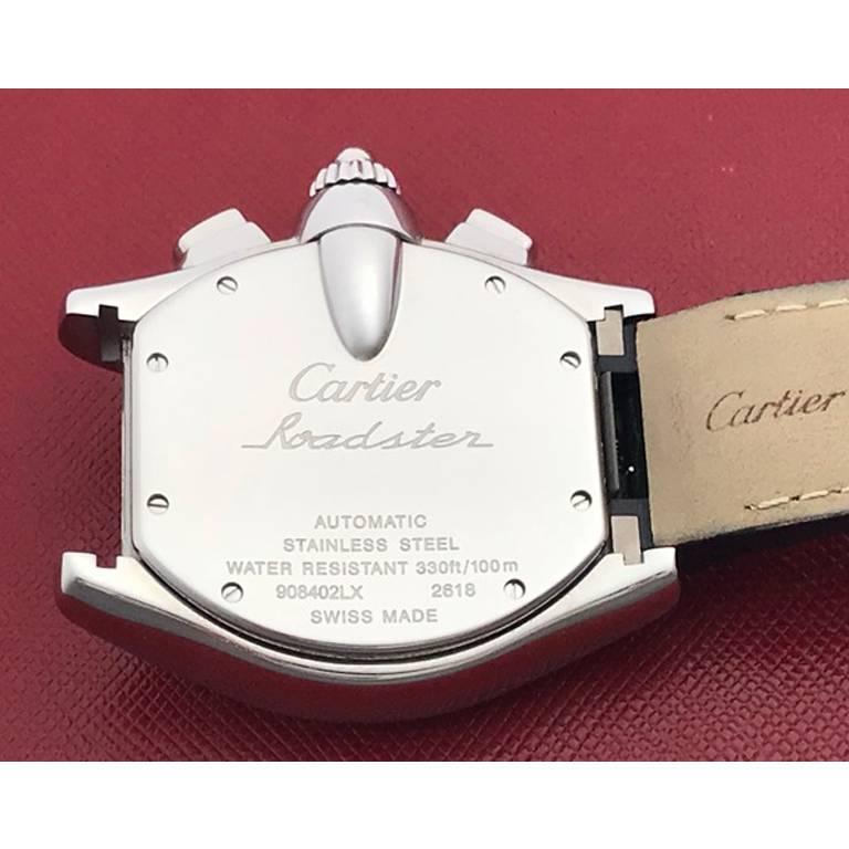 Mens Cartier Roadster Chronograph Model W62019X6. Automatic Winding movement with date and chronograph. Stainless Steel rectangular tonneau style case (40x46mm). Stainless Steel Cartier bracelet with deployant clasp also included. Black alligator