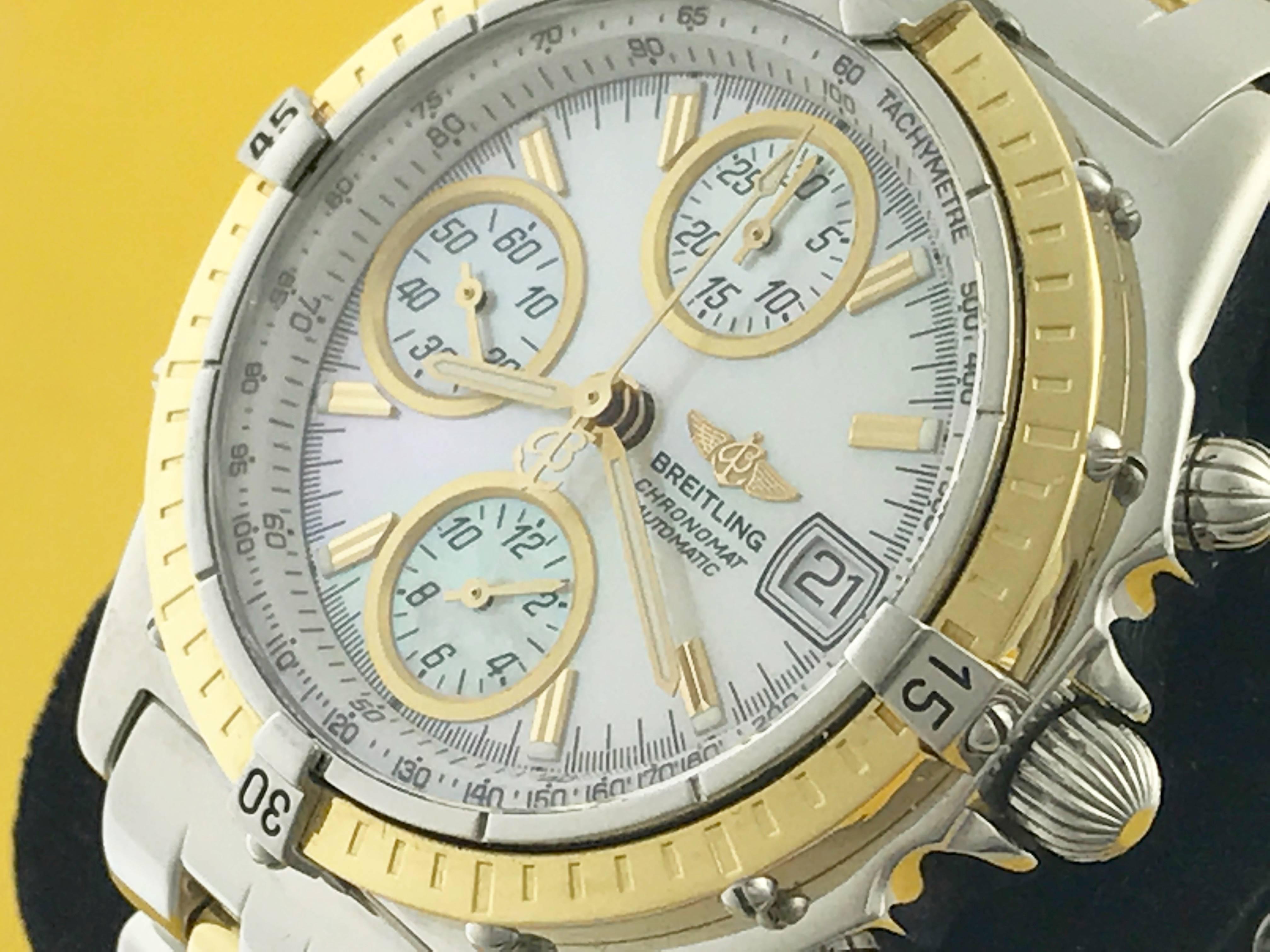 Manufacturer: Breitling
Model Name: Chronomat
Model Num: D13050.1
Condition: Pre Owned
Watch Category: Contemporary
Gender: Mens
Movement Comment: Chronograph
Movement: Automatic Winding with Date
Dial: Mother of Pearl Dial with Yellow Gold hour
