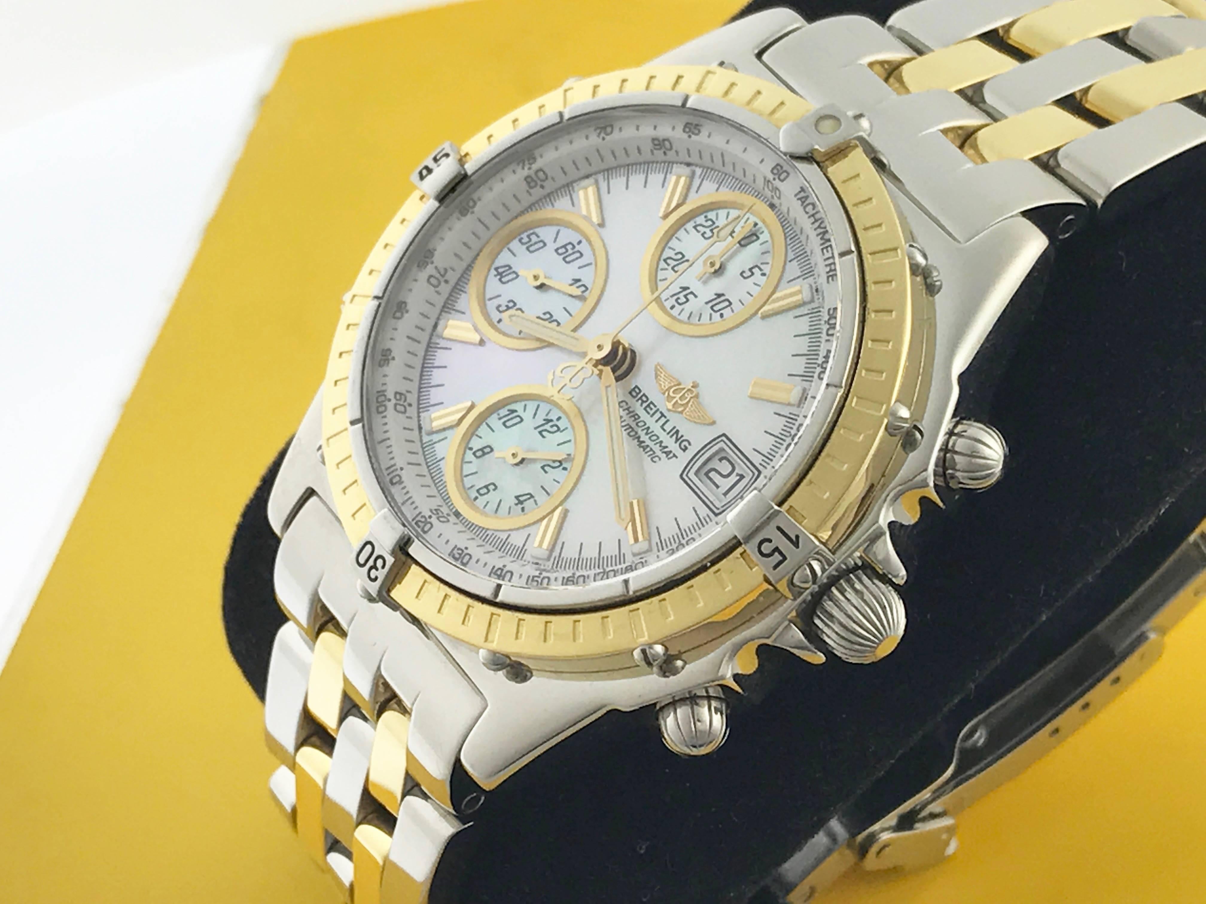 Breitling Yellow Gold Stainless Steel Chronomat Chronograph Automatic Wristwatch For Sale 2