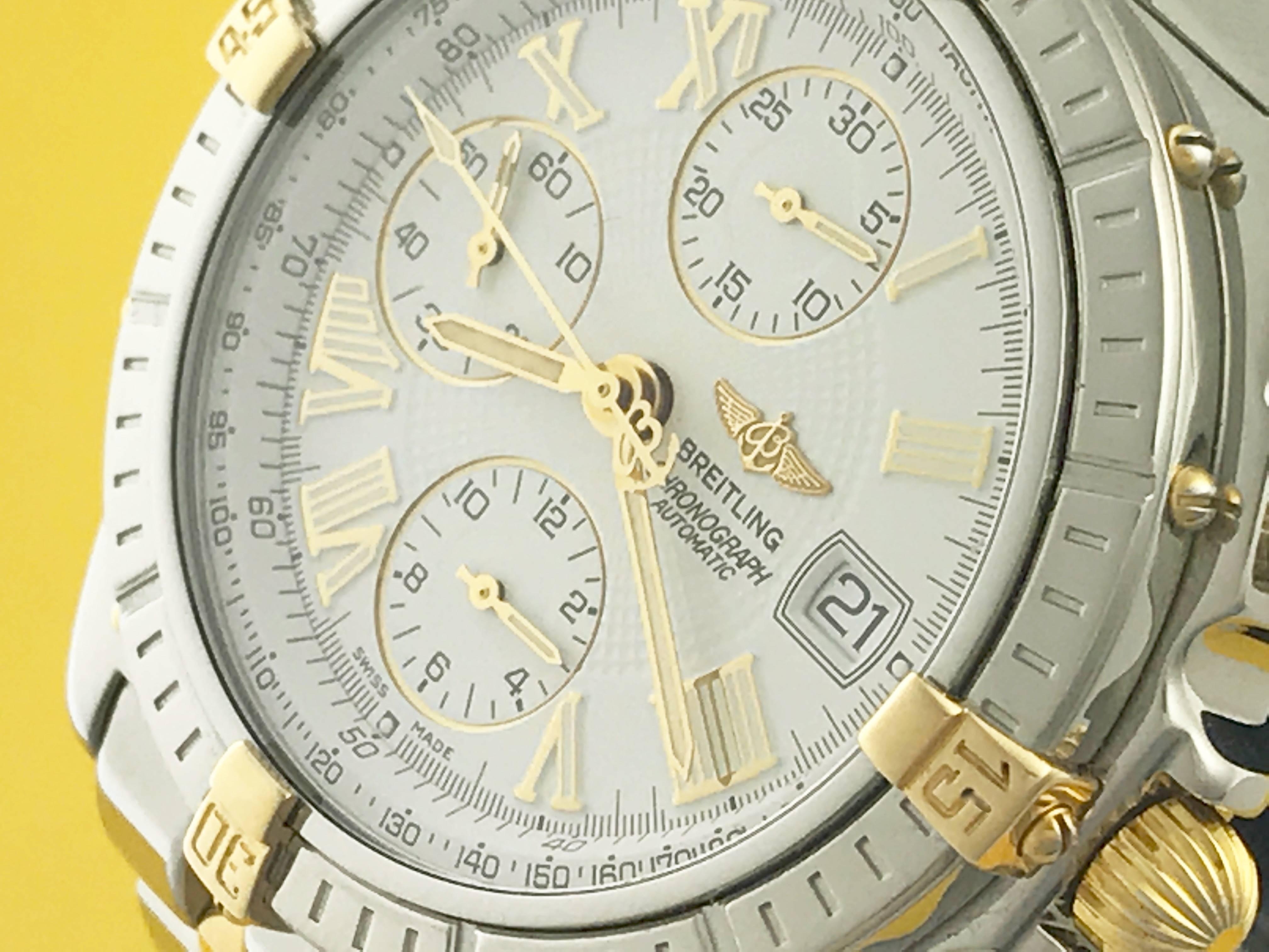 Manufacturer: Breitling
Model Name: Crosswind
Model Num: B13055
Condition: Pre Owned
Watch Category: Contemporary
Gender: Mens
Movement Comment: Chronograph
Movement: Automatic Winding with Date
Dial: White guilloche Dial with gold and luminous