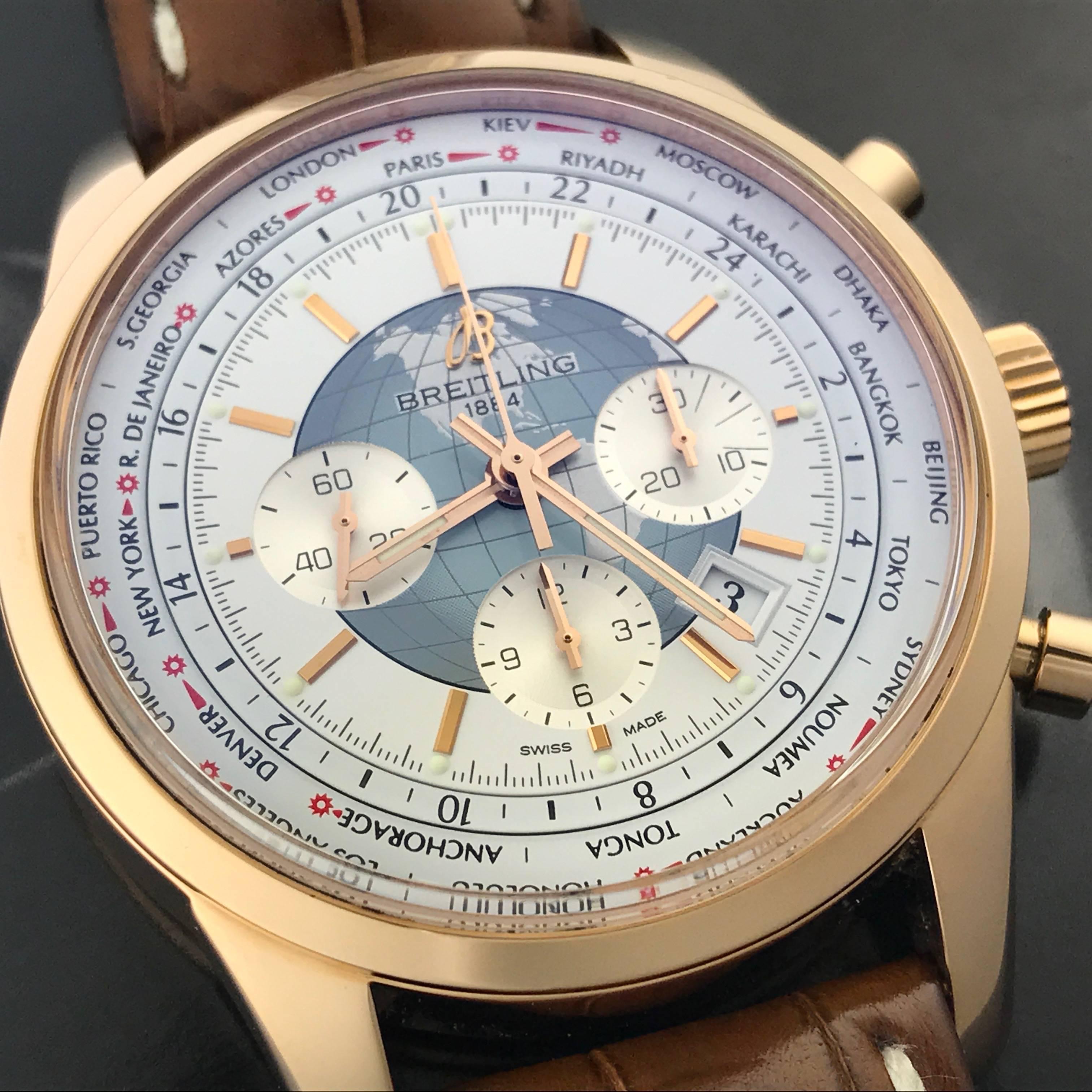 Manufacturer: Breitling
Model Name: Transocean Chronograph Unitime
Model Num: RB0510UO/A733-2CT
Condition: Pre Owned
Watch Category: Contemporary
Gender: Mens
Movement Comment: Chronograph with independent World Time setting allowing forward or