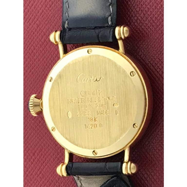 Manufacturer: Cartier
Model Name: Diablo
Gender: Midsize
Movement: Quartz with Date
Case: 18k Yellow Gold round style case (32mm dia.). Water resistant to 30 Meters - 100 Feet
Strap: Black alligator strap with 18k Yellow Gold Cartier deployant