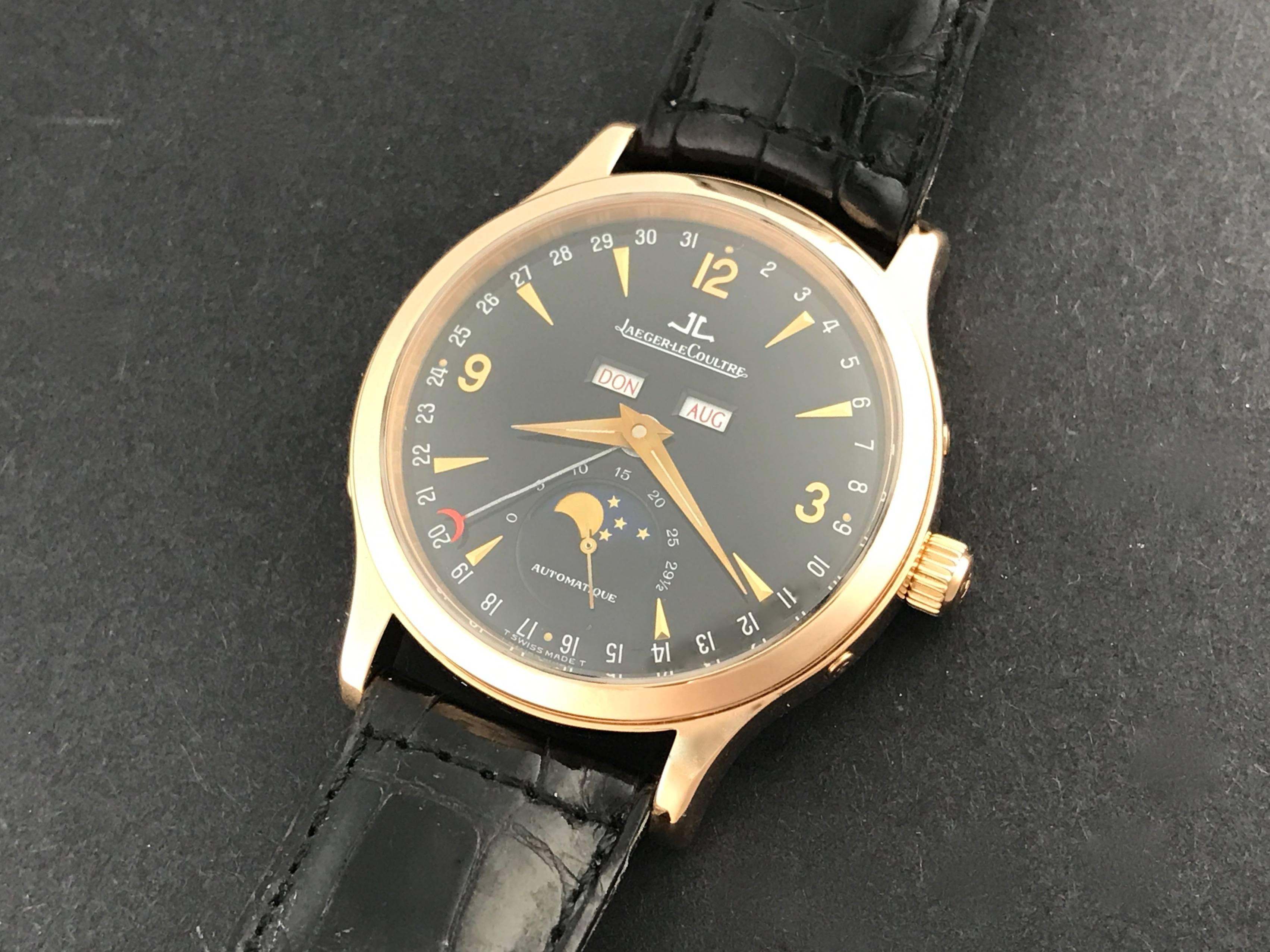 Contemporary Jaeger LeCoultre Yellow Gold Master Date Triple Calendar Manual Wristwatch