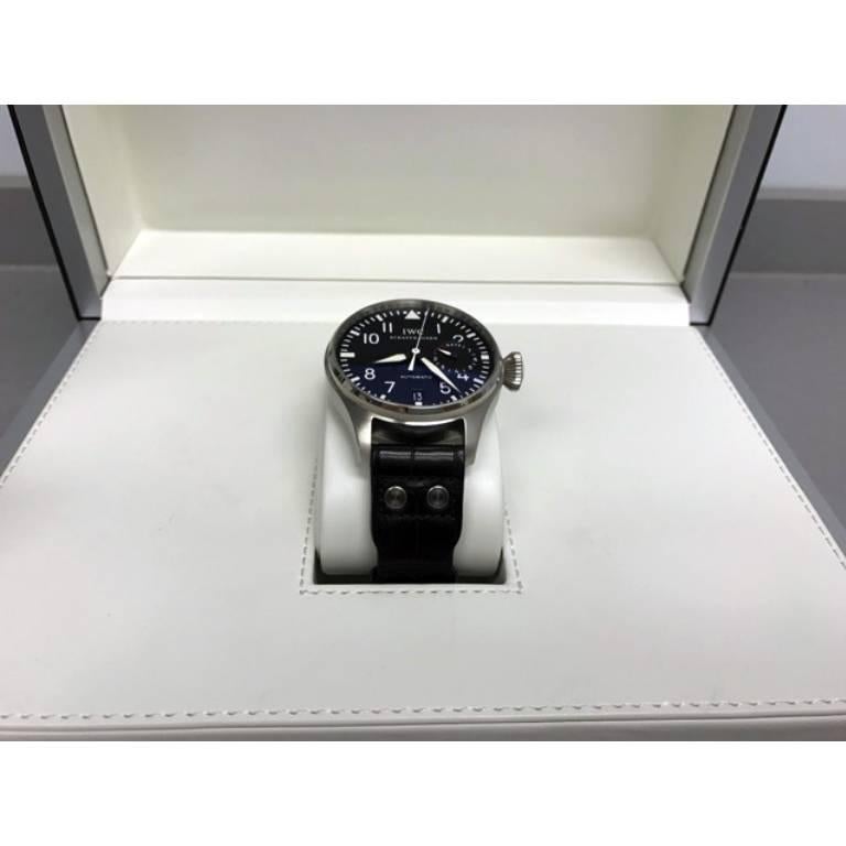 Mens IWC Big Pilot Model 5009-01 with Seven Day Power Reserve, certified pre-owned wrist watch.  Massive Stainless Steel round waterproof case, measuring 46mm diameter.  Water resistant to 60 meters - 200 ft.  Black Alligator strap with Stainless