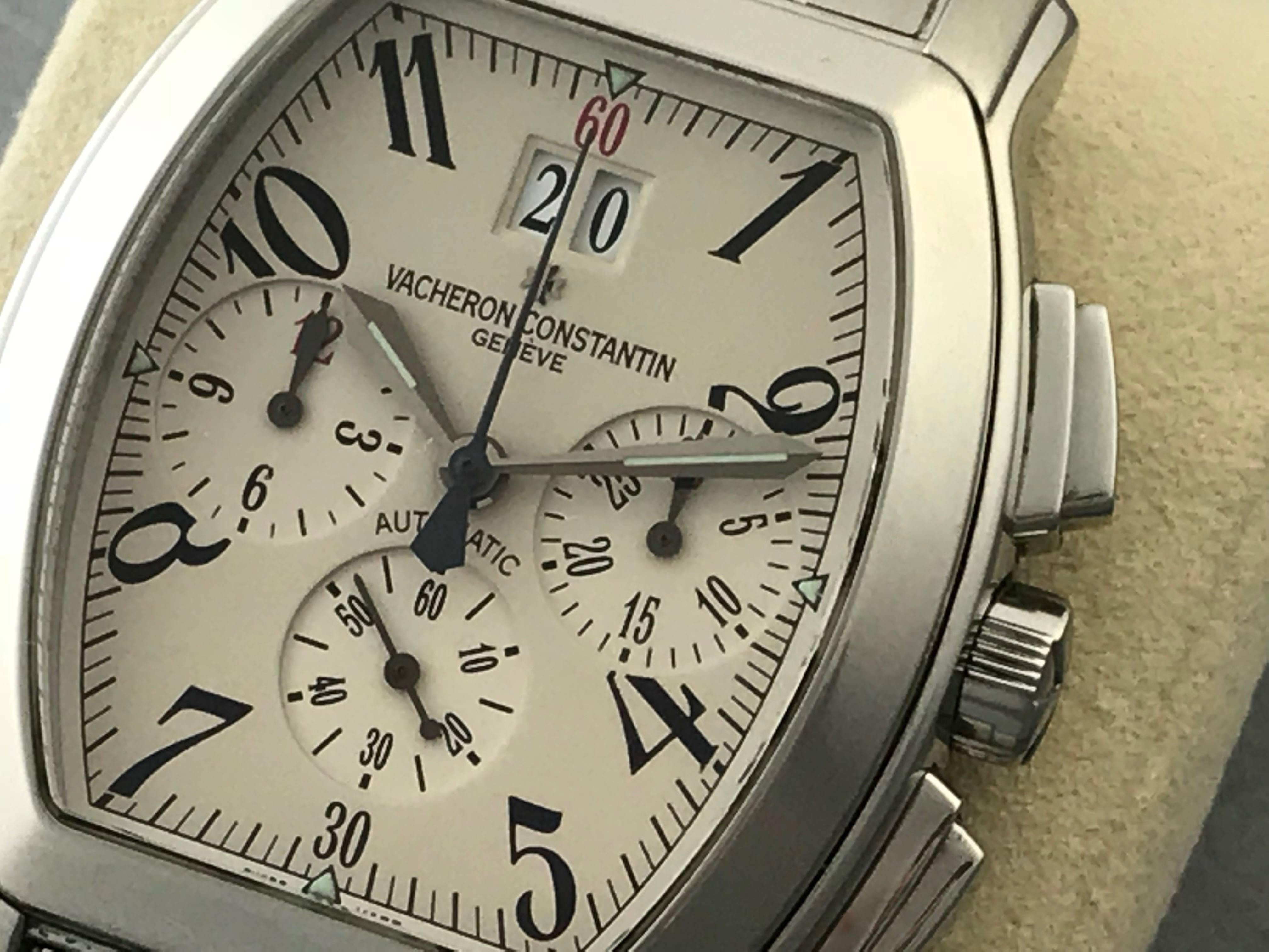 Vacheron Constantin Royal Eagle Chronograph, model 49145/339A-8970 certified pre-owned men's automatic wrist watch. Silvered Dial with Arabic numerals and Stainless Steel rectangular tonneau style case (35x50mm). Stainless Steel Vacheron Constantin