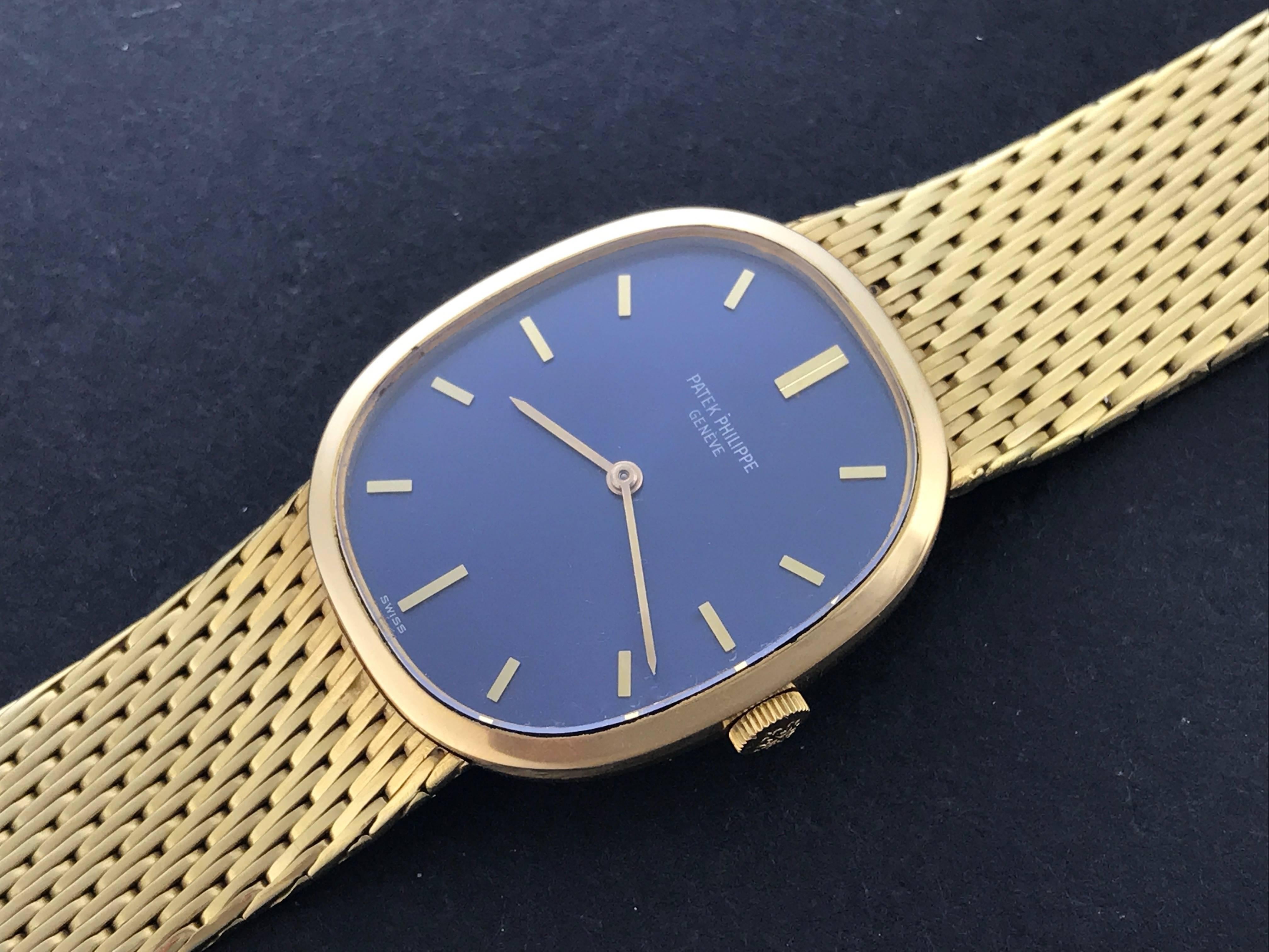 Contemporary Patek Philippe Yellow Gold Blue Dial Ellipse Manual Wind Wristwatch For Sale