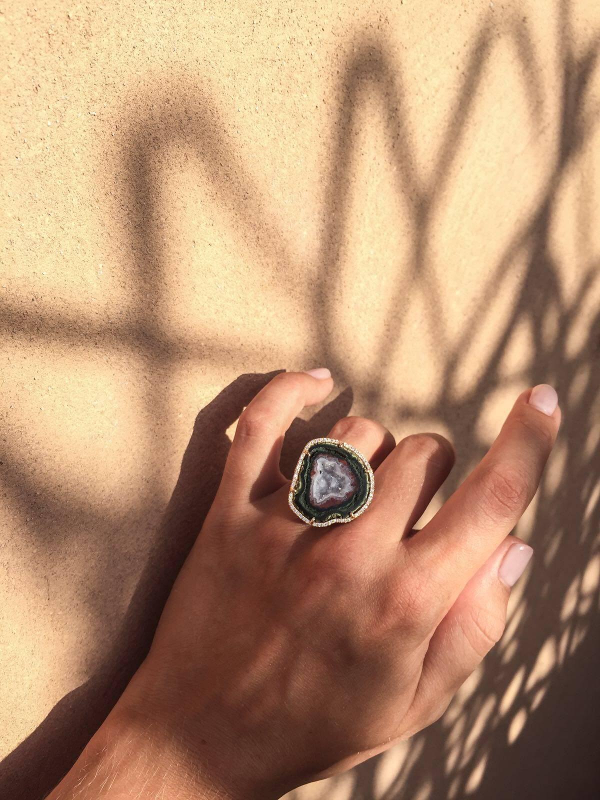 Round Cut Karolin Rose Gold White Diamond Agate Geode Cocktail Ring