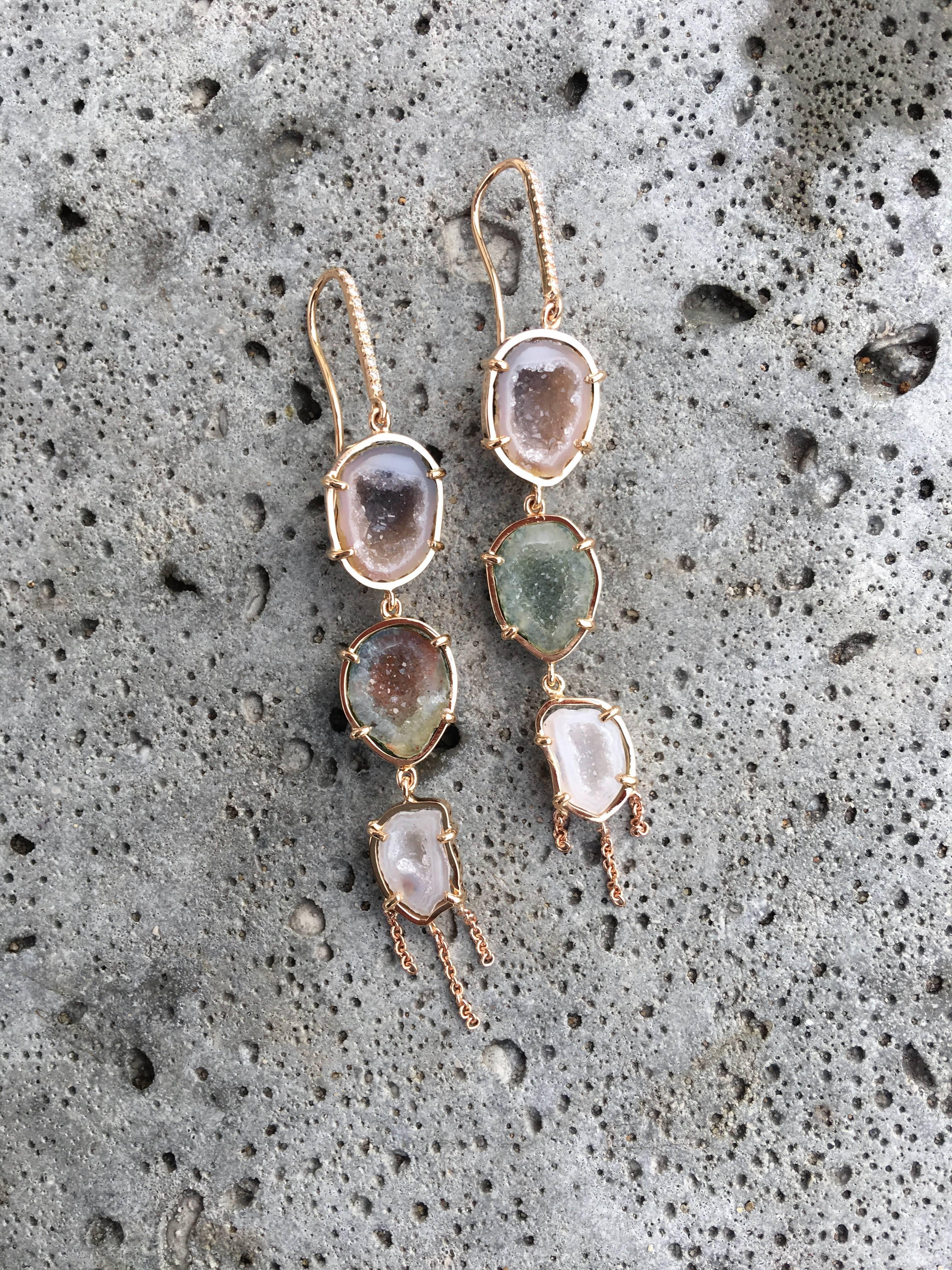 Contemporary Karolin Rose Gold Agate Geode Pavé Drop earrings with White Diamonds Hook