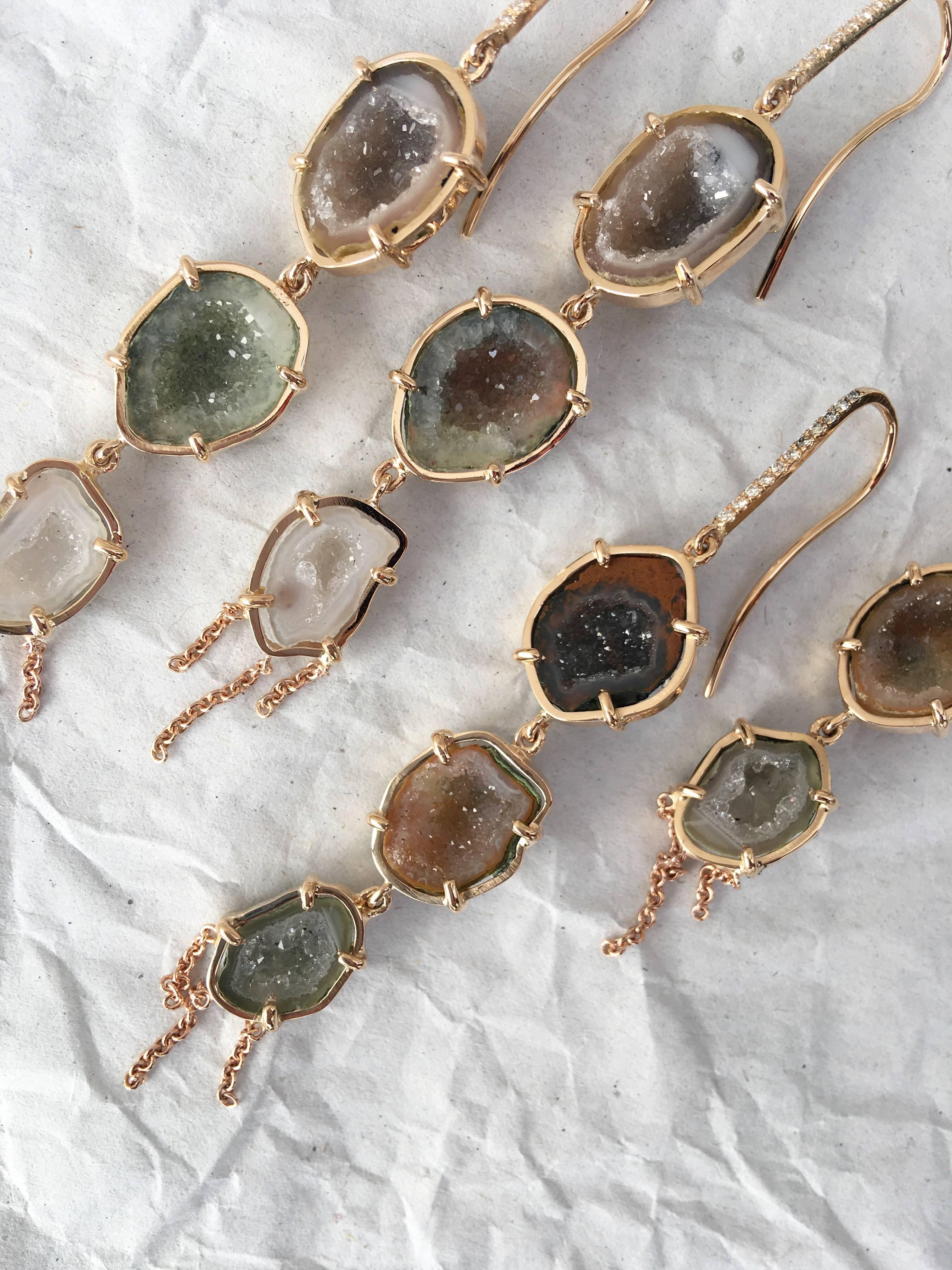 Karolin Rose Gold Agate Geode Pavé Drop earrings with White Diamonds Hook In New Condition In Antwerp, BE