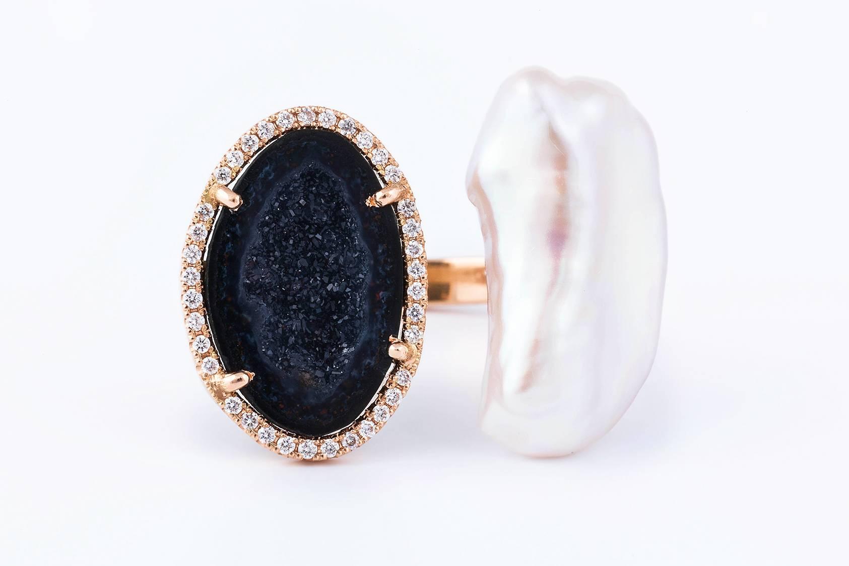 Contemporary Karolin Rose Gold White Diamond Agate Pearl Cocktail Ring