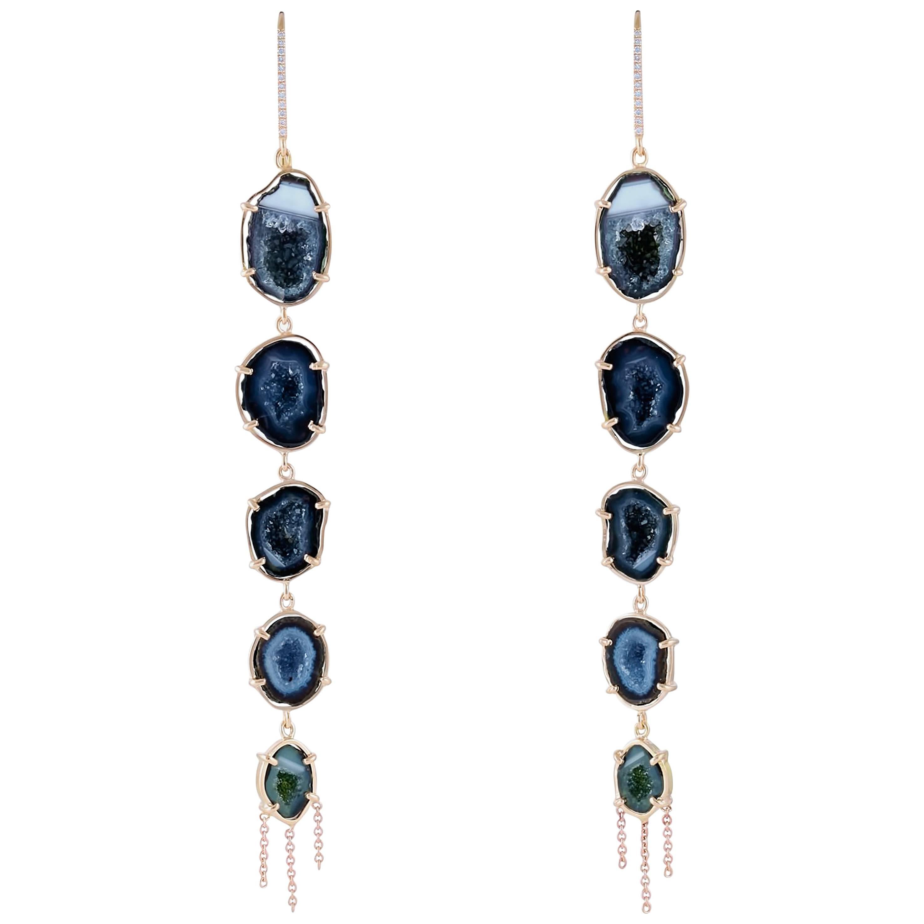 Karolin Rose Gold White Diamond Agate Geode Pavé Hook Drop Earrings