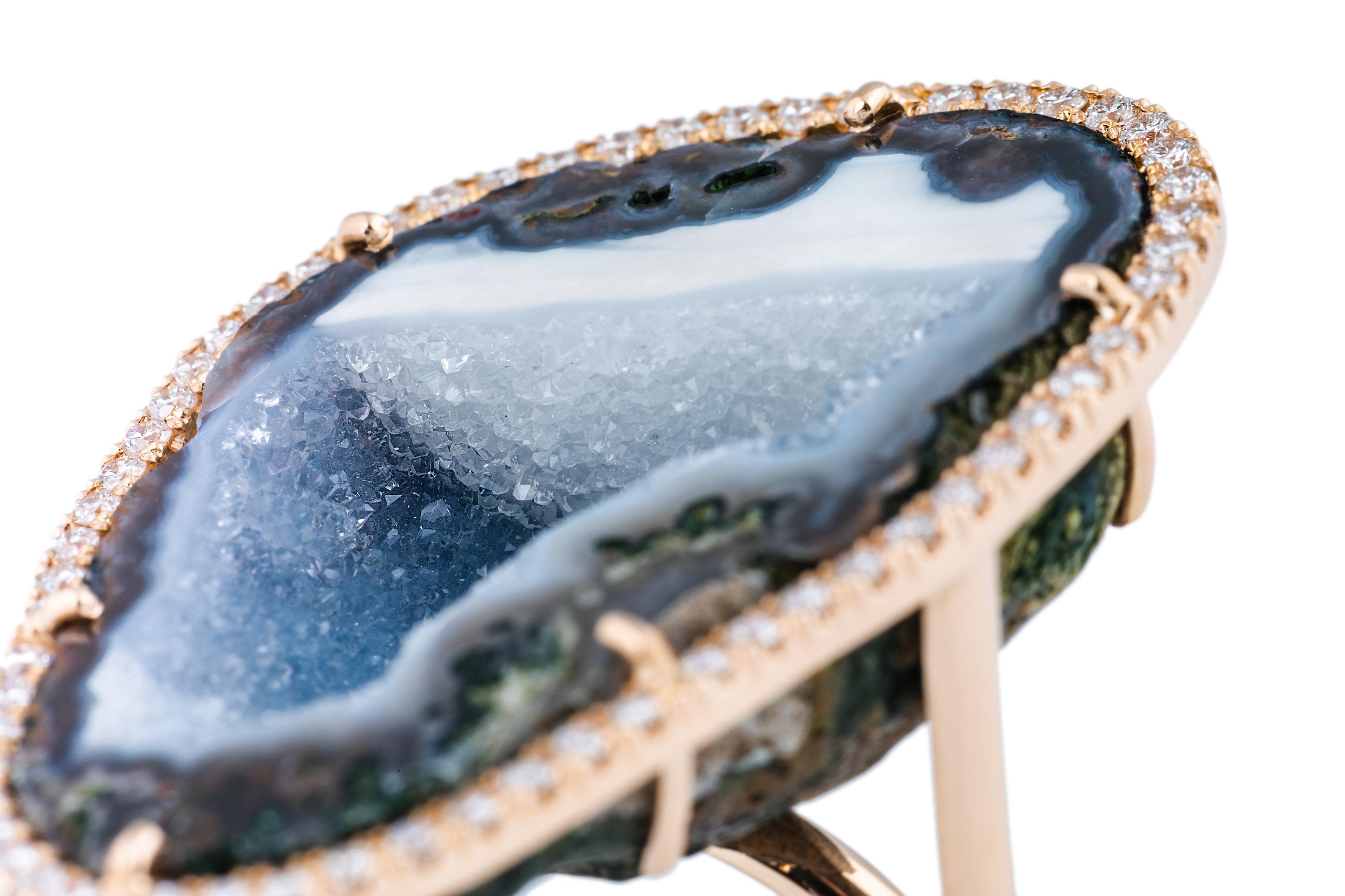 Cocktail Karolin White Diamond Pave Agate Geode Rose Gold Ring In New Condition For Sale In Antwerp, BE