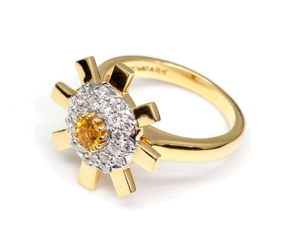Modern Sun Ray 18 Karat Gold, Diamonds and Yellow Sapphire Engagement Ring For Sale