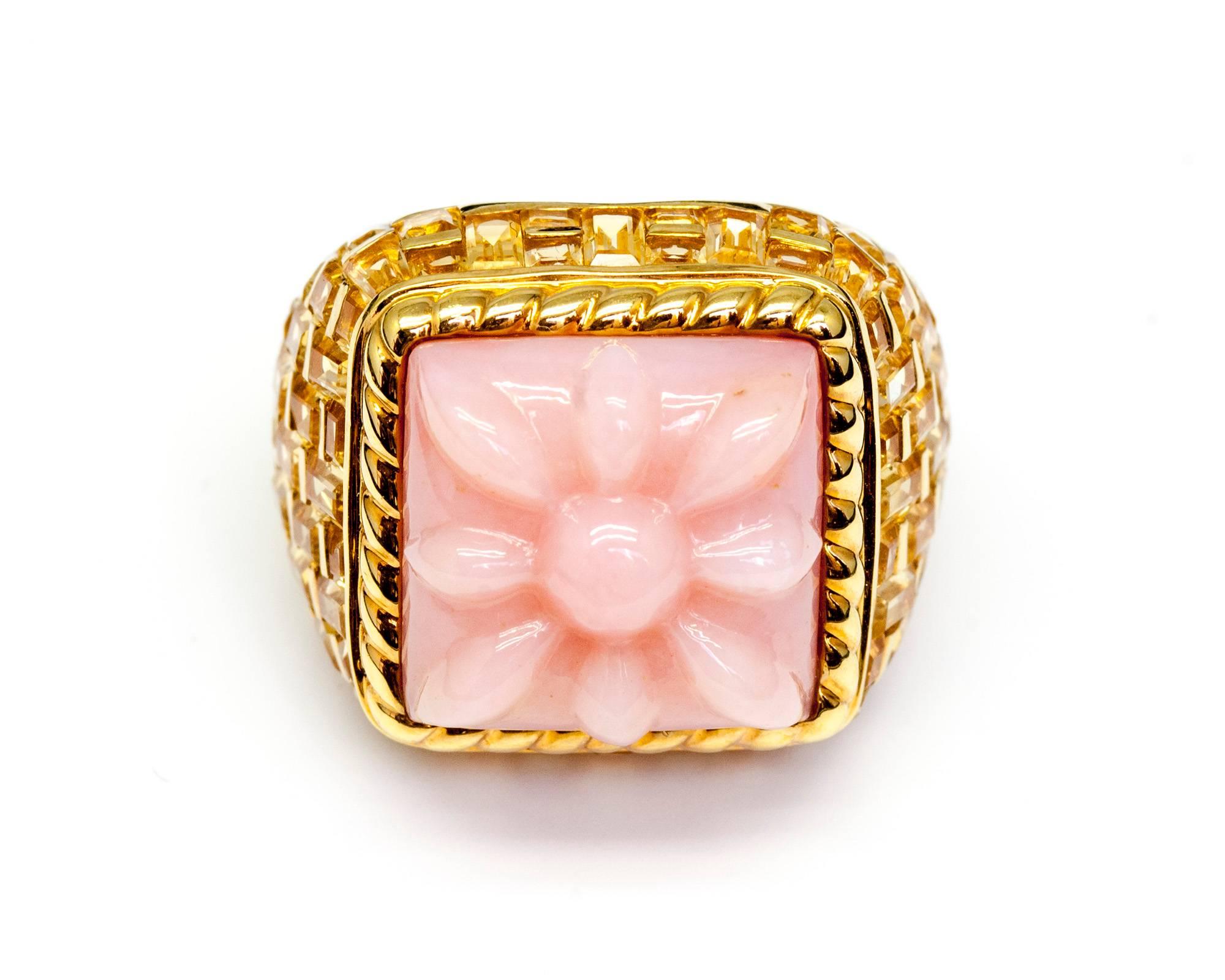 Modern Basket-Weave 14 Karat Gold, Citrine and Hand-Carved Pink Opal Cocktail Ring For Sale