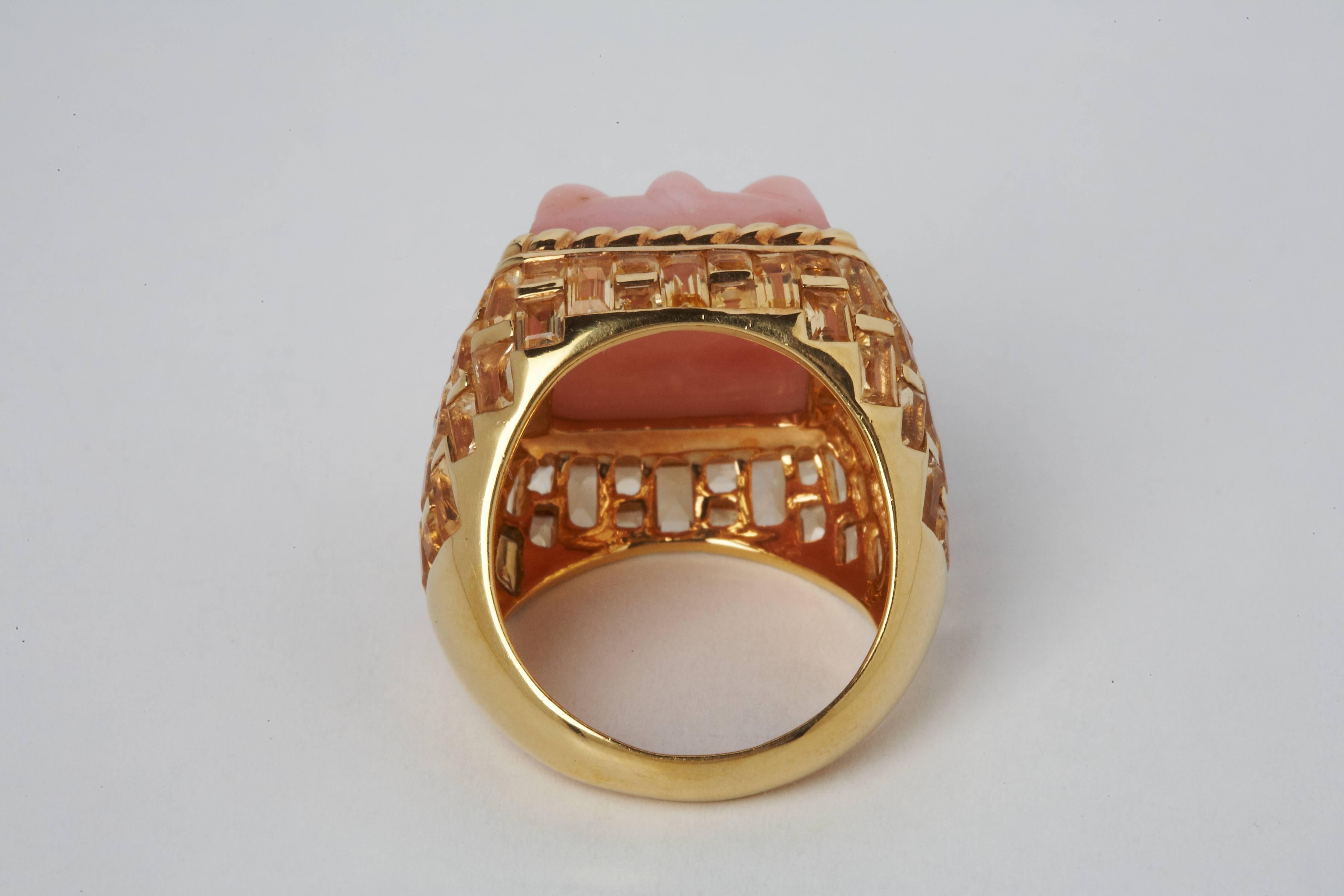 Basket-Weave 14 Karat Gold, Citrine and Hand-Carved Pink Opal Cocktail Ring In New Condition For Sale In Palm Beach, AU