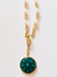 Handmade 14 Karat Gold, Pearl, Green Agate Beads and Charm Chain Necklace