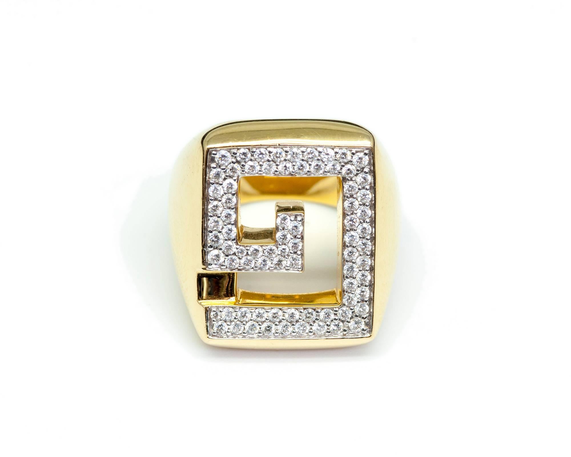 The Stenmark Greek Key cocktail ring in 18 karat yellow gold and 0.70 carats of G colour VS1 diamonds is a design of sensuous and bold volume, with a reference to the classic motif from antiquity. The high polish of the 18 karat gold and the