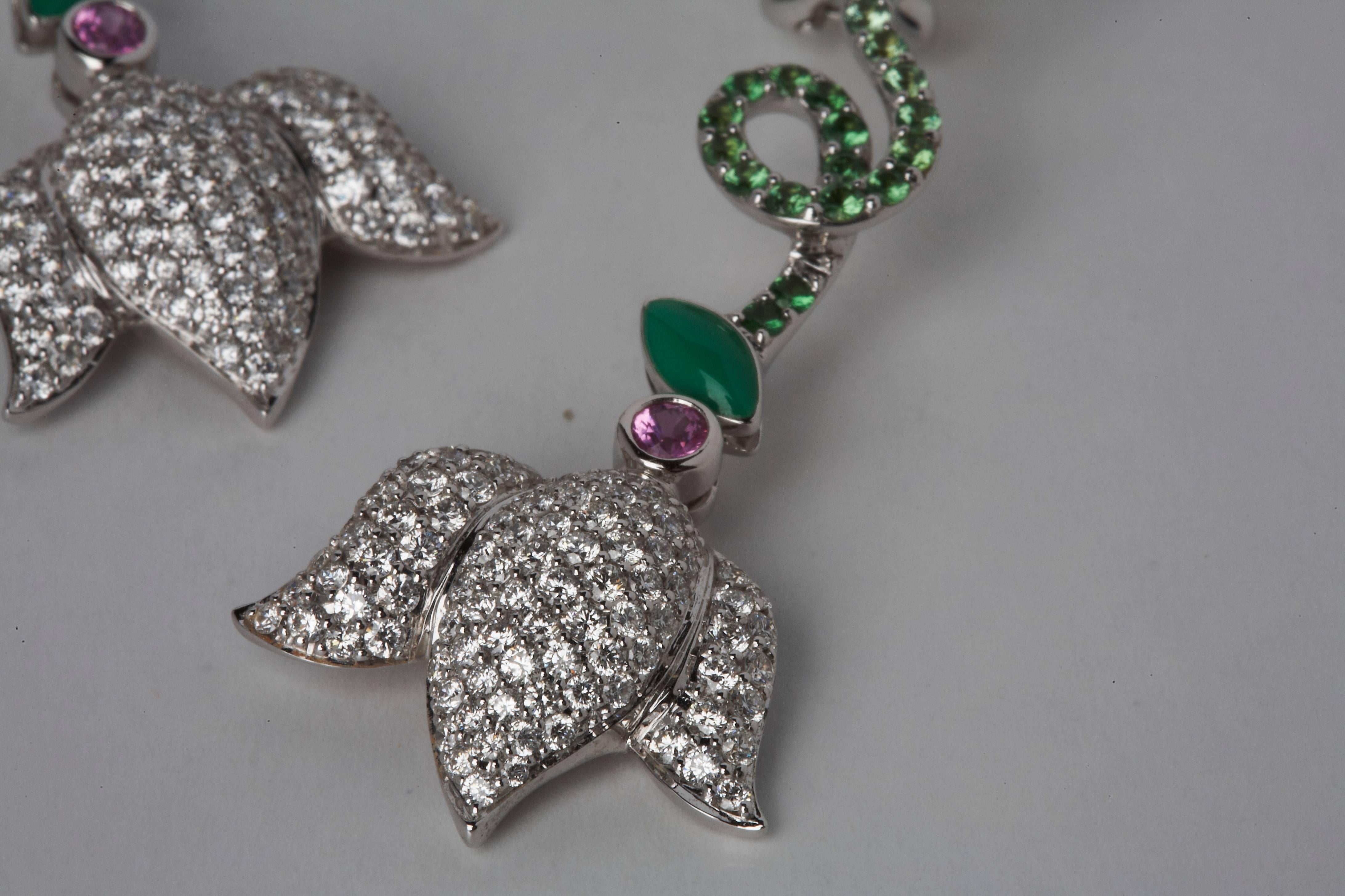 Modern Greek Key Diamond, Pink Sapphire and Tsavorite Garnet Drop Earrings For Sale