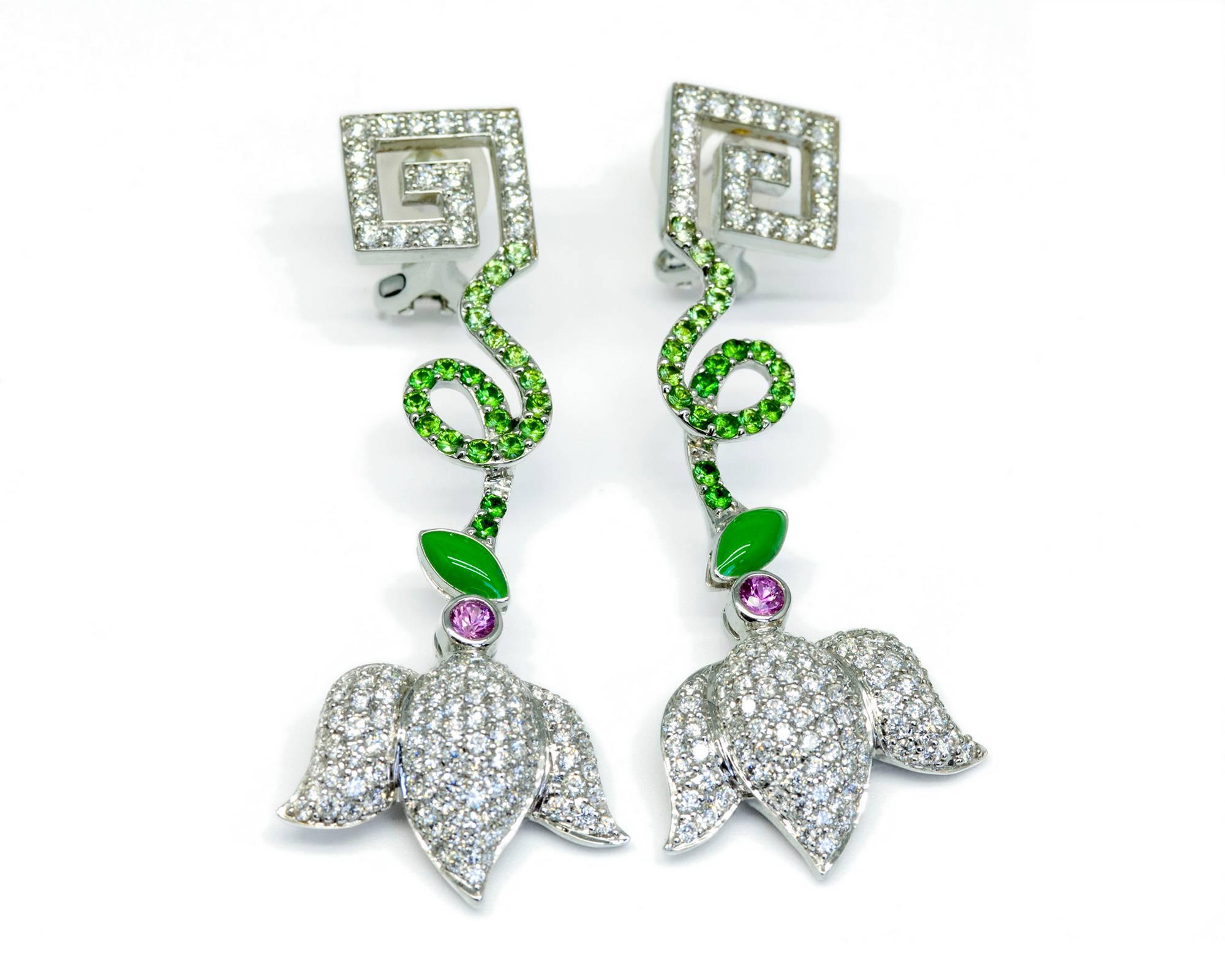 Greek Key Diamond, Pink Sapphire and Tsavorite Garnet Drop Earrings In New Condition For Sale In Palm Beach, AU
