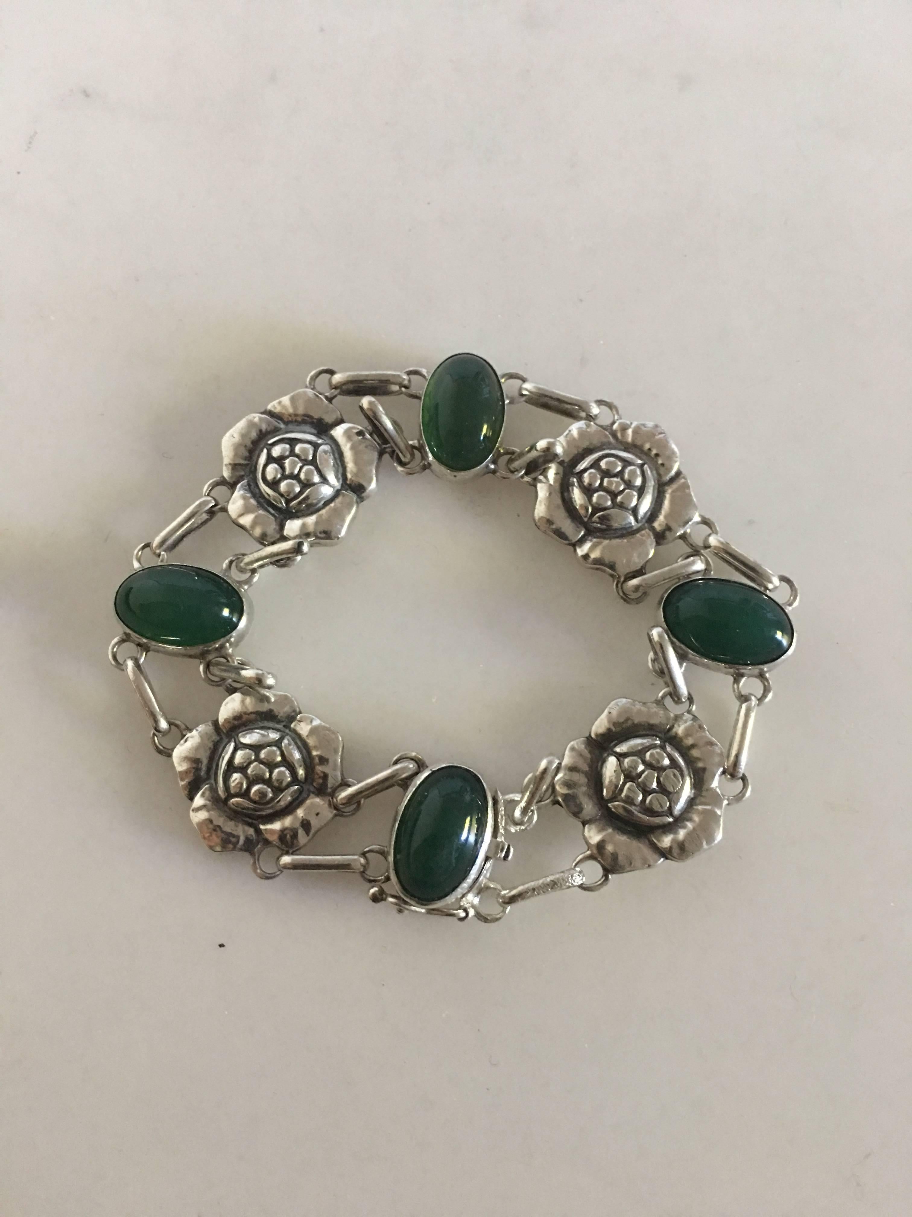 Art Nouveau Georg Jensen Silver Bracelet No. 12 with Green Agates For Sale