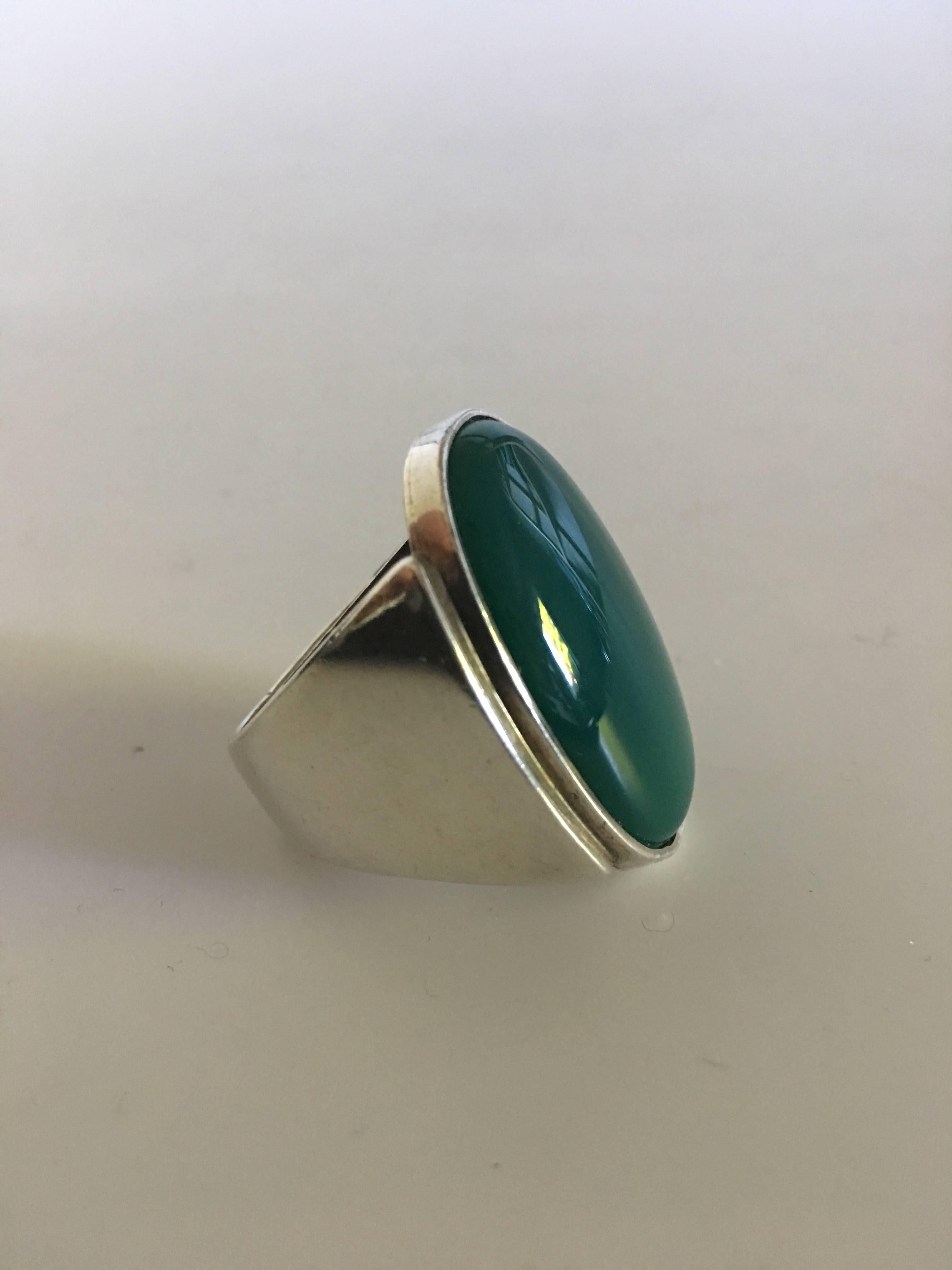 Large Georg Jensen Sterling Silver Ring No. 209 with Green Agate. Stone measures 3.4 cm (1 11/32