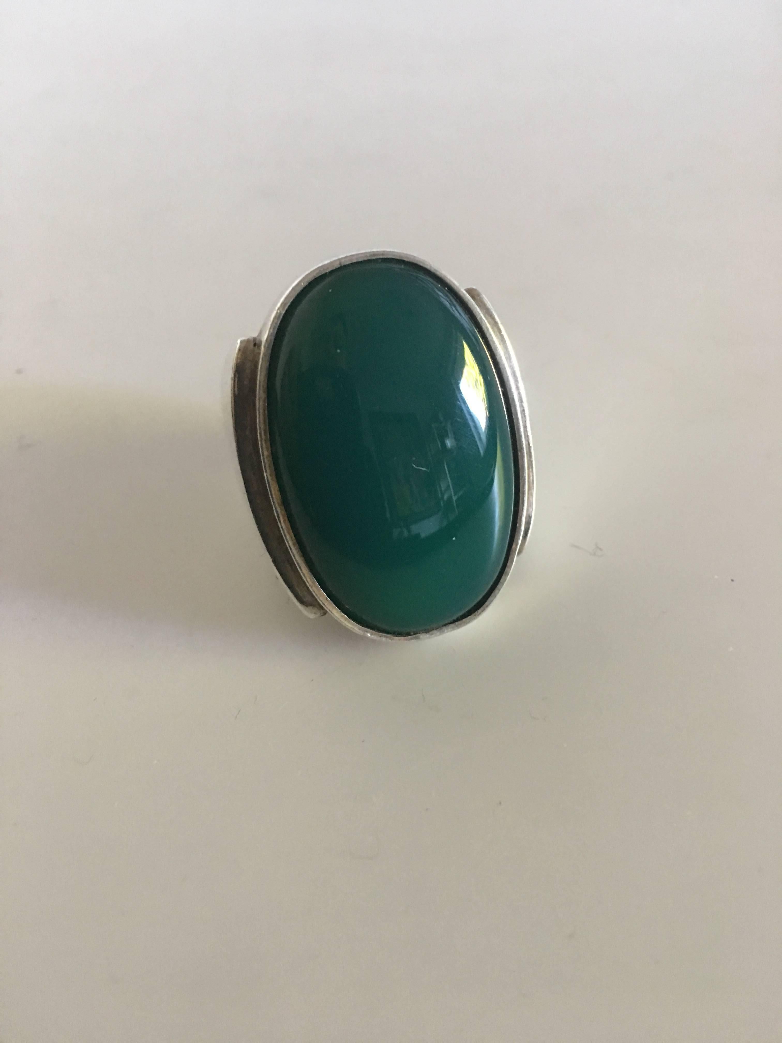 Women's or Men's Large Georg Jensen Sterling Silver Ring No. 209 with Green Agate