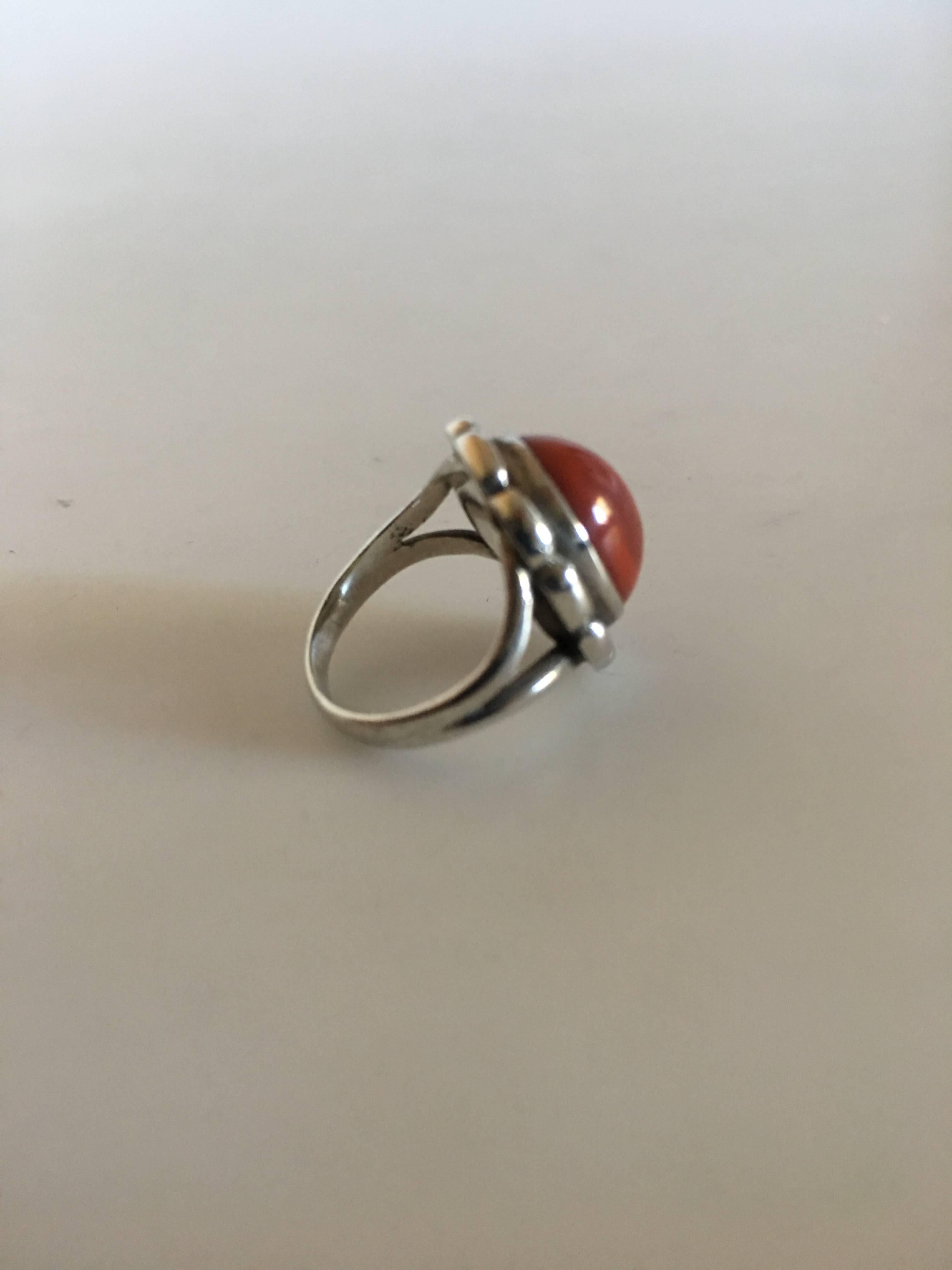 Georg Jensen Silver Ring No. 19 with Coral. Ring Size No. 44. From 1910-1925. In 830 Silver.