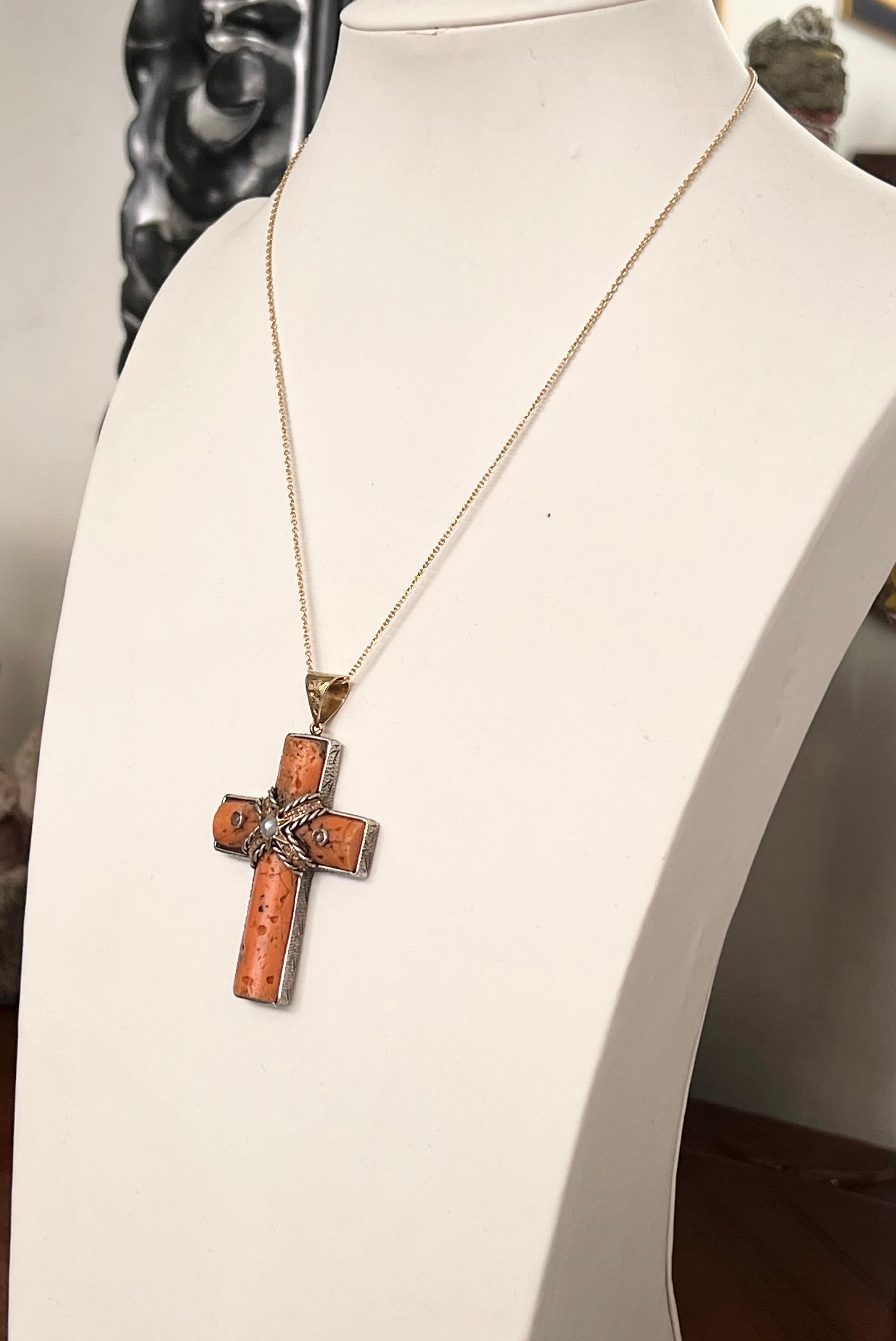 Cross Coral Diamonds Pearl 9 Karat Yellow Gold Pendant Necklace For Sale 2