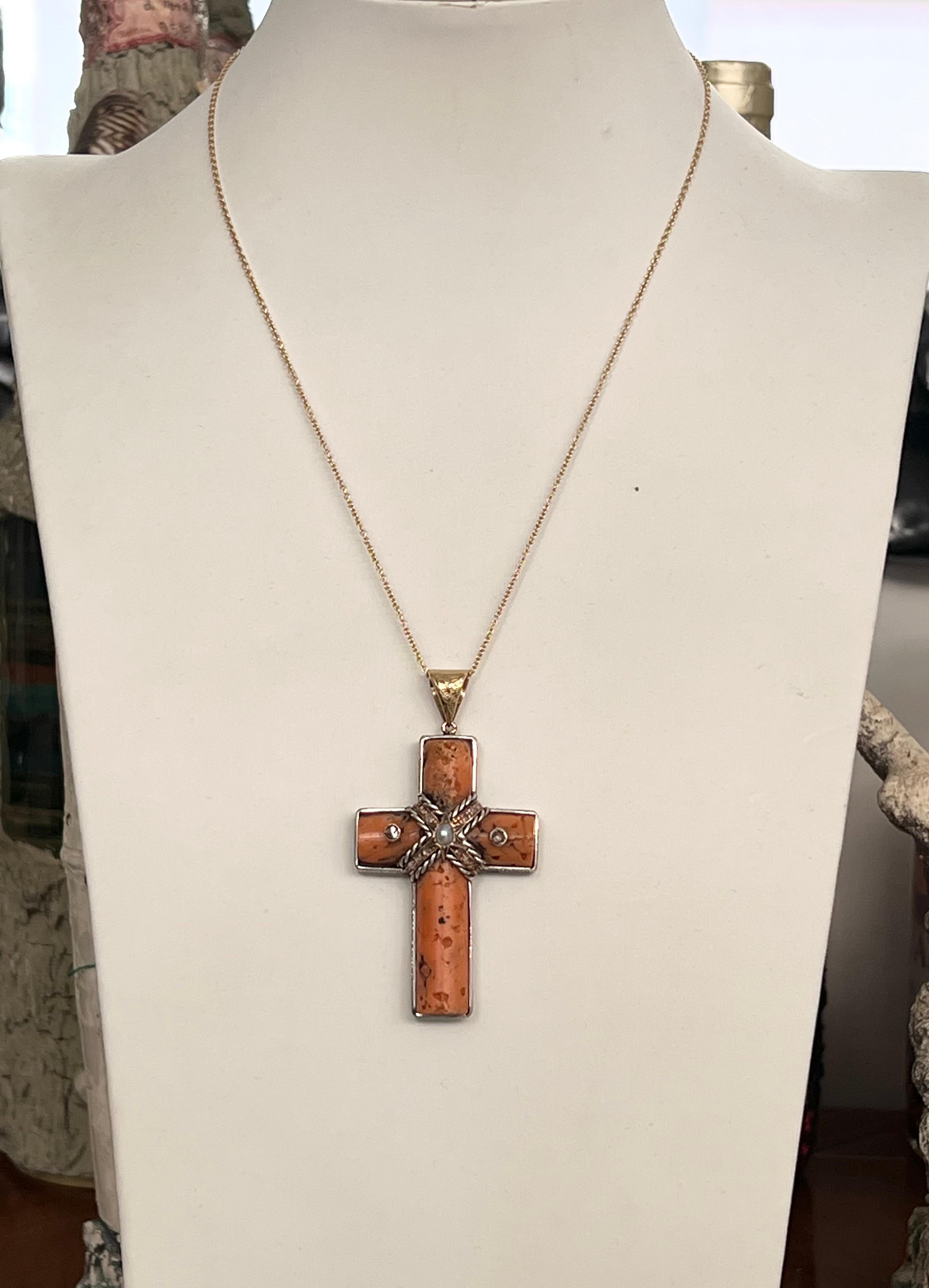 Cross Coral Diamonds Pearl 9 Karat Yellow Gold Pendant Necklace For Sale 3