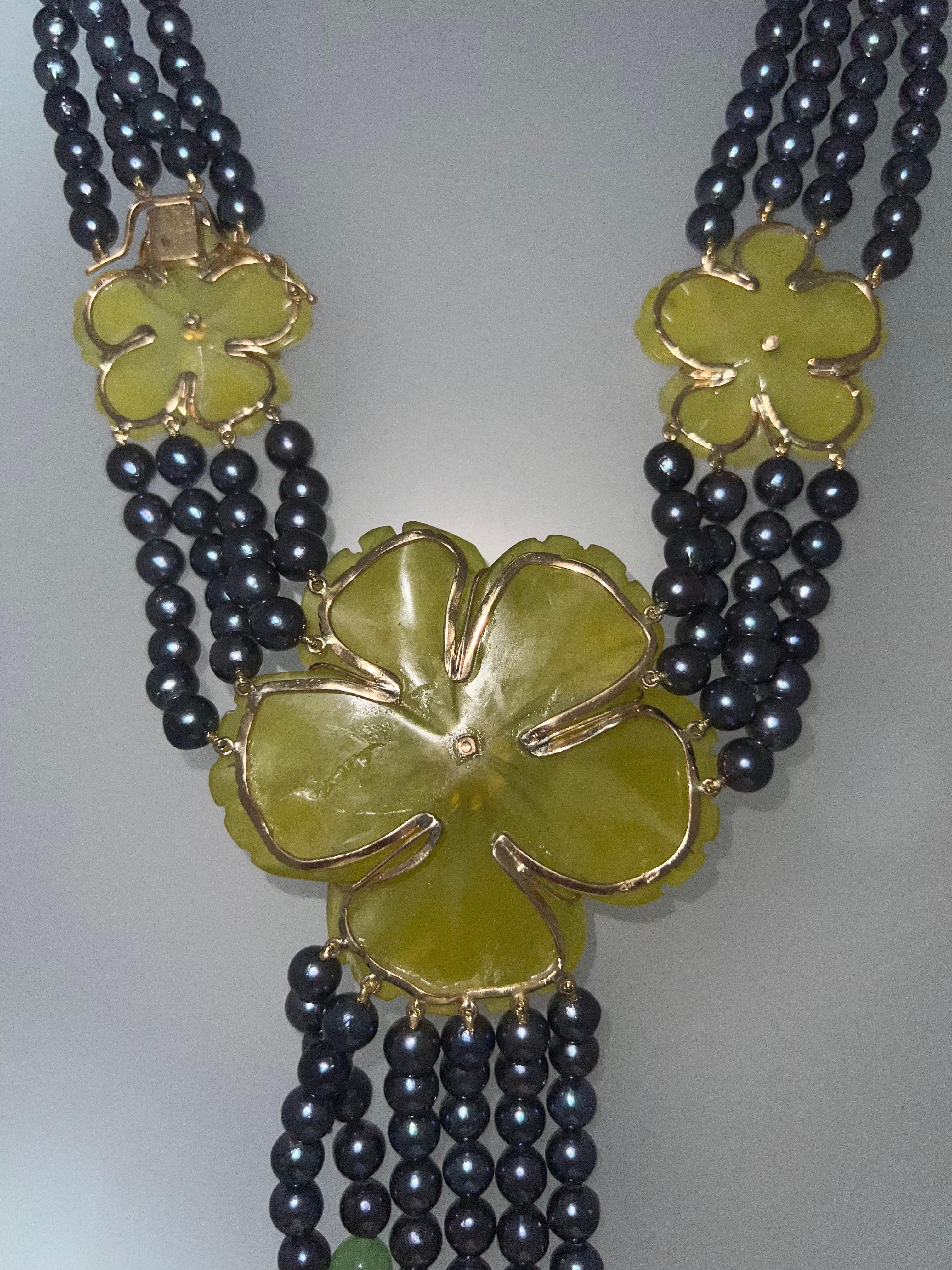 Collier à plusieurs rangs en or jaune 14 carats, perles d'eau douce et quartz jaune en vente 4