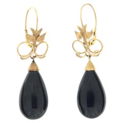 Vintage 18K Yellow Gold & Carved Black Ebony Teardrop Dangle Leverback Earrings