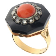 Anello da cocktail vintage in oro 14K e argento 800, stile Art Déco, con onice e corallo rosso