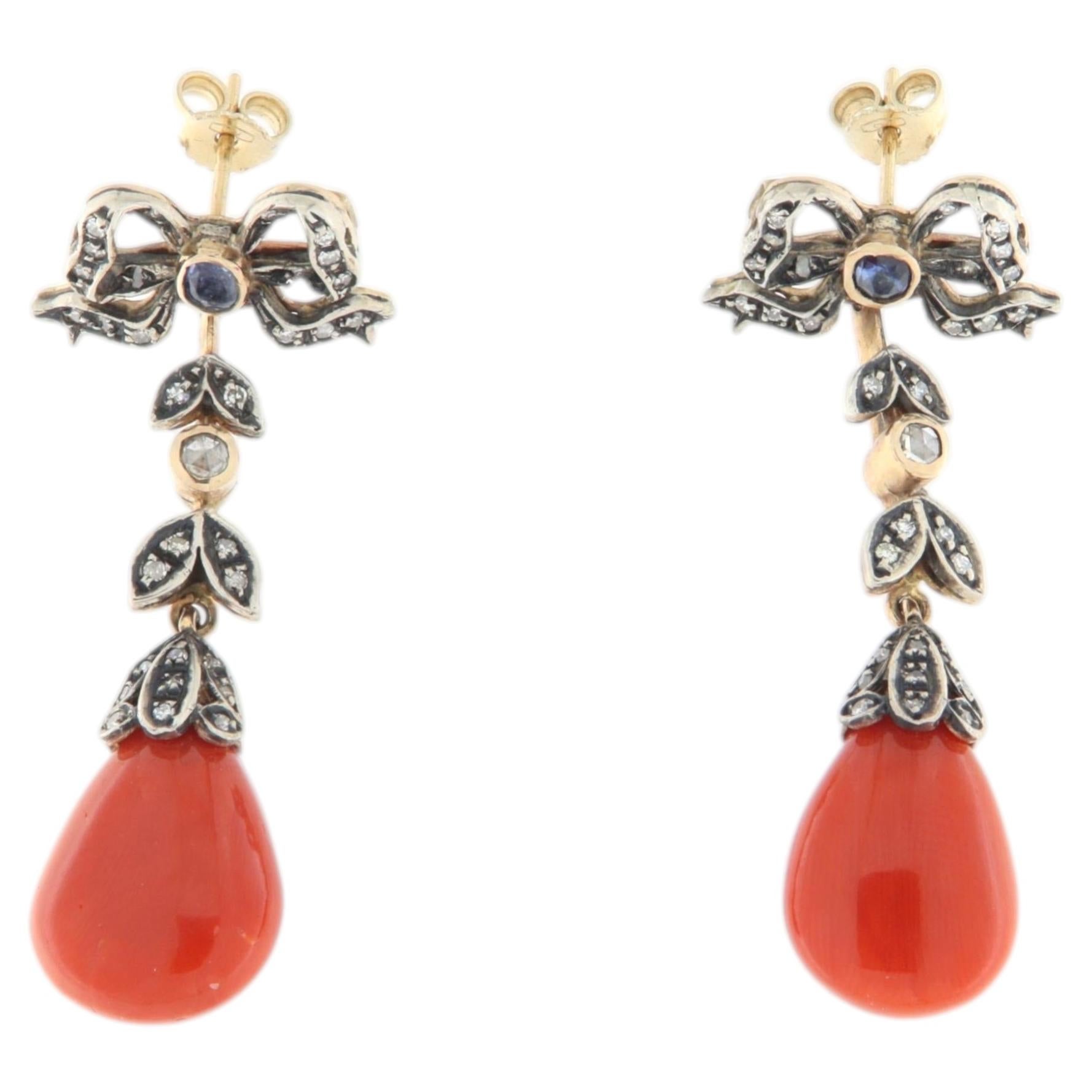 Boucles d'oreilles pendantes « Retro Sardinia » en corail naturel, diamant, or jaune 14 carats et argent 800 en vente