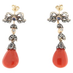 Retro Sardinia Coral Natural Diamond Yellow Gold 14K & Silver 800, Drop Earring