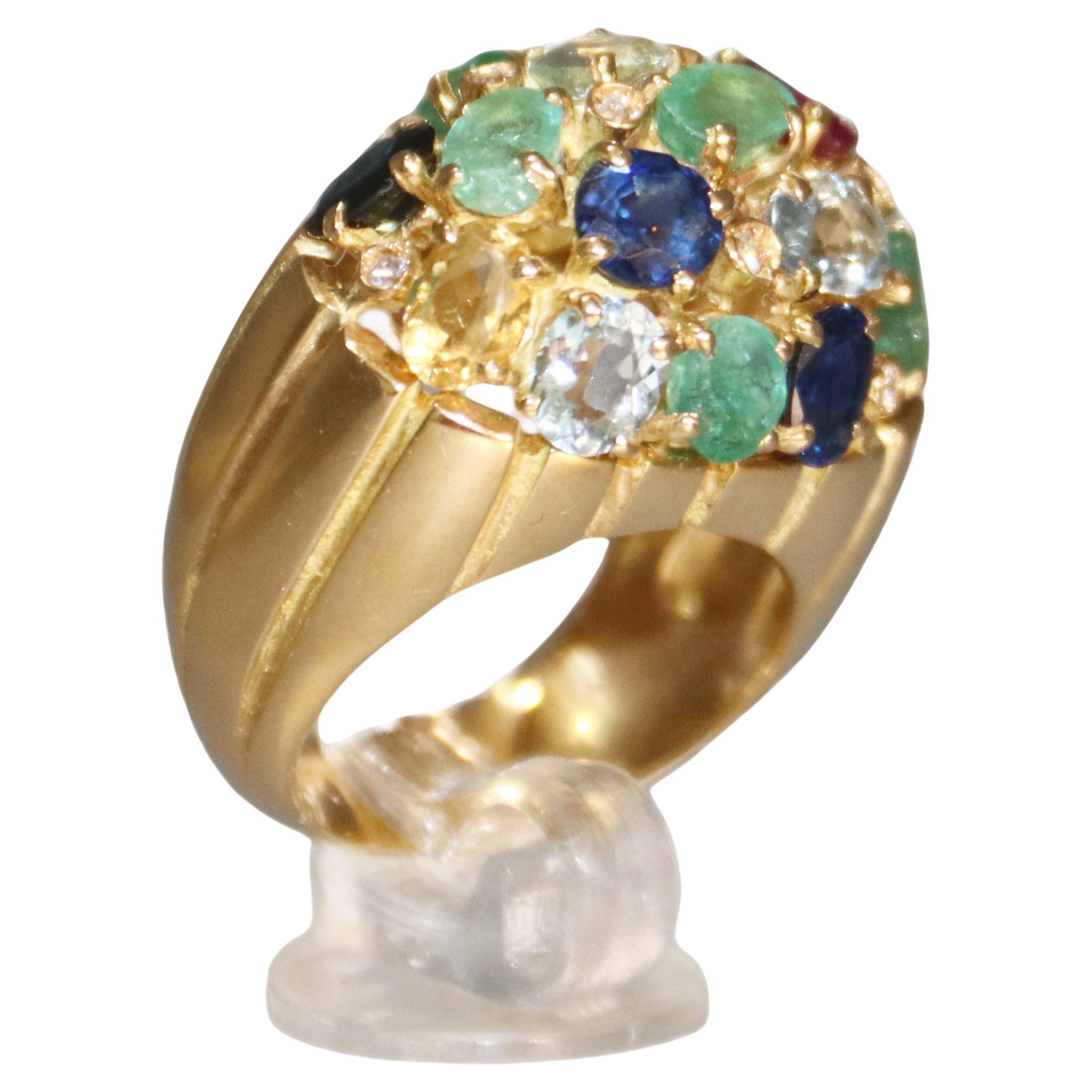 18 Karat Gelbgold Cocktail-Ring mit Saphiren, Rubinen, Smaragden und Aquamarinen