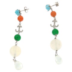 Modern Turquoise Flower, Coral, Agate & Aquamarine Drop Earrings 14K White Gold