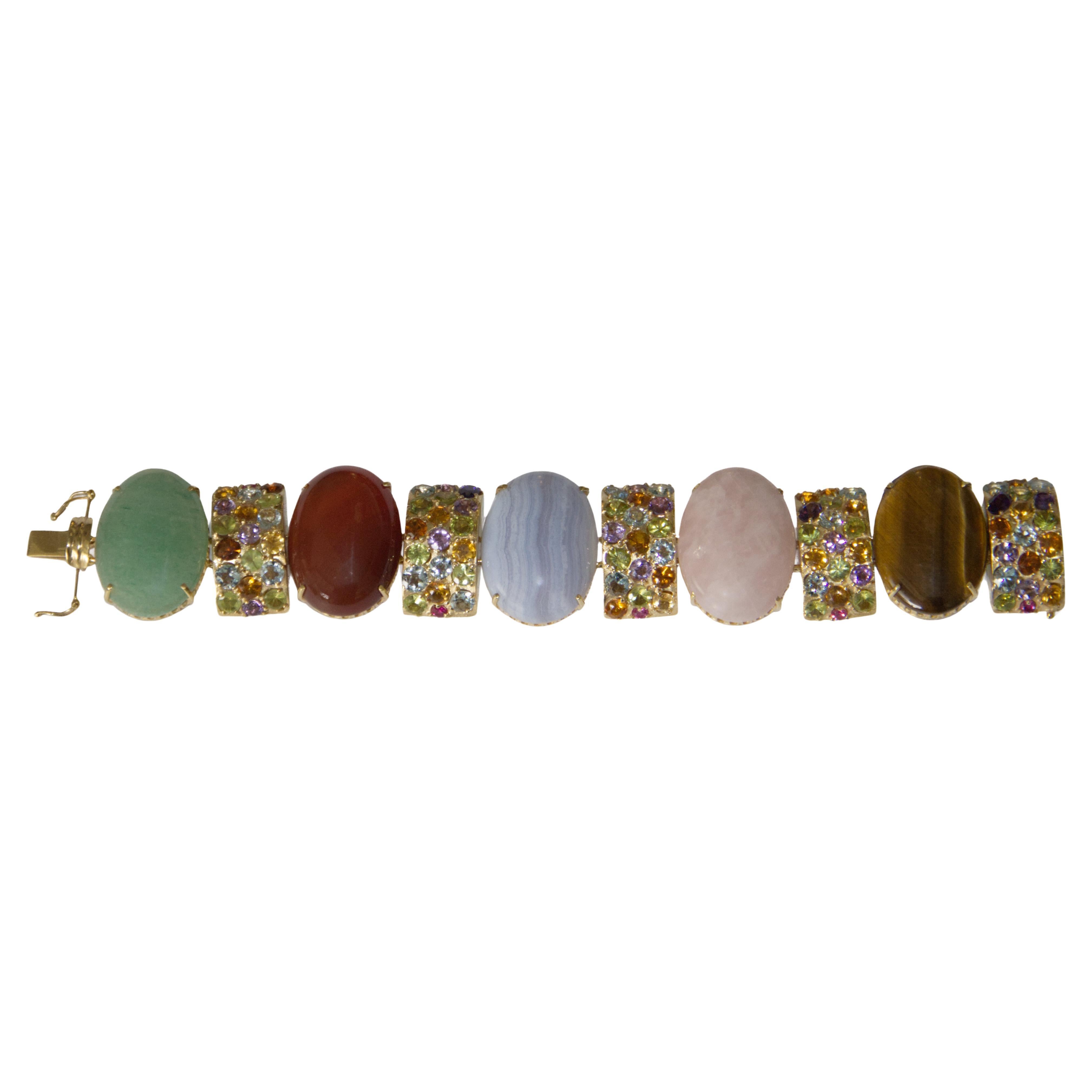 Amethyst Sapphires Tourmaline Aquamarines 14 Karat Yellow Gold  Cuff Bracelet For Sale