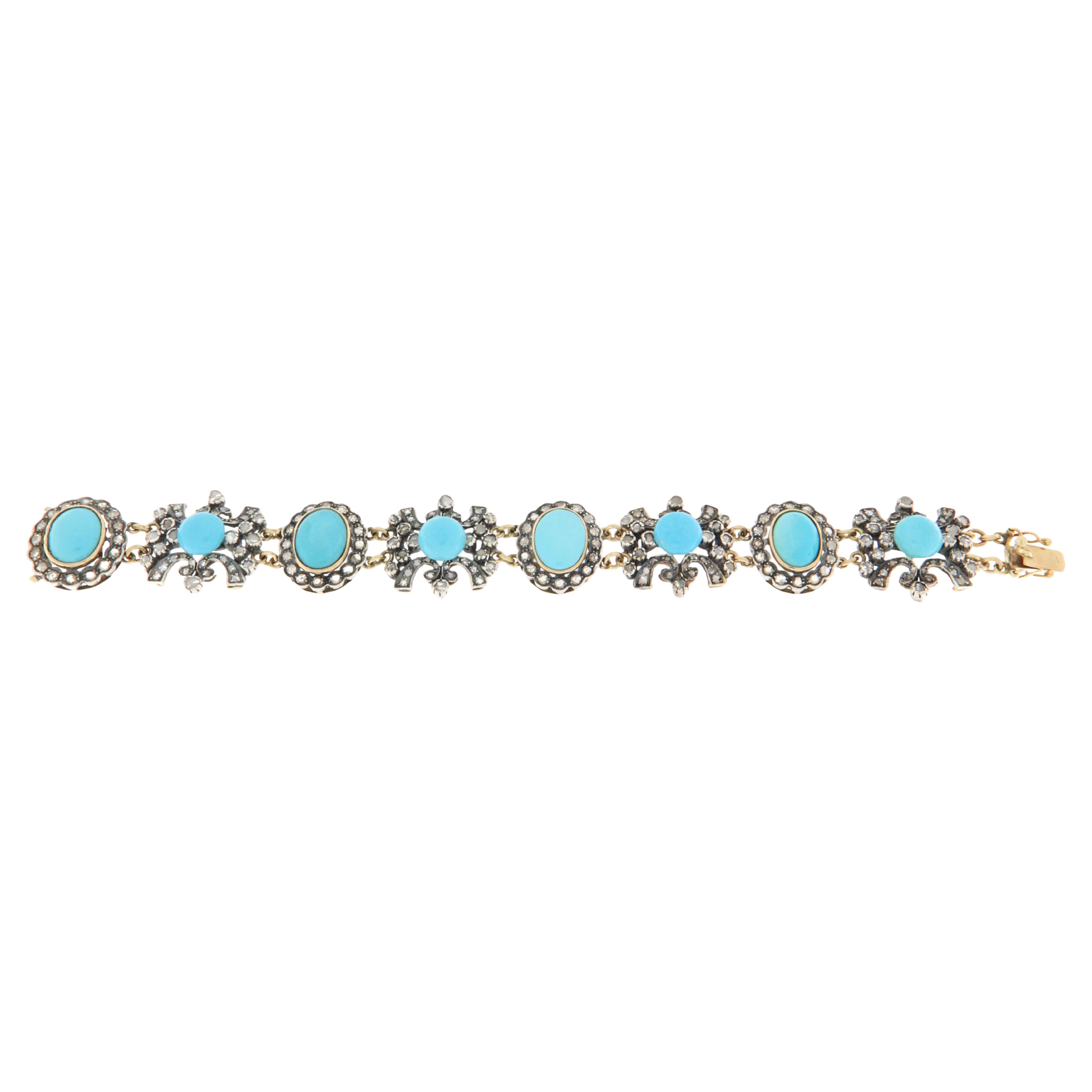 Turquoise Diamonds 14 Karat Yellow Gold Cuff Bracelet