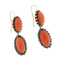 Vintage 14K Yellow Gold & Silver Natural Coral and Diamond Drop Earrings