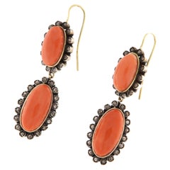 Vintage 14K Yellow Gold & Silver Natural Coral and Diamond Drop Earrings