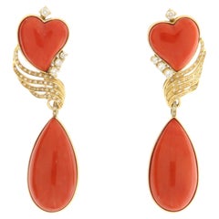 Contemporary 18K Yellow Gold Coral Diamond Prong Setting Drop Earring