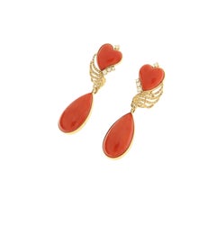 Contemporary 18K Yellow Gold Coral Diamond Prong Setting Drop Earring