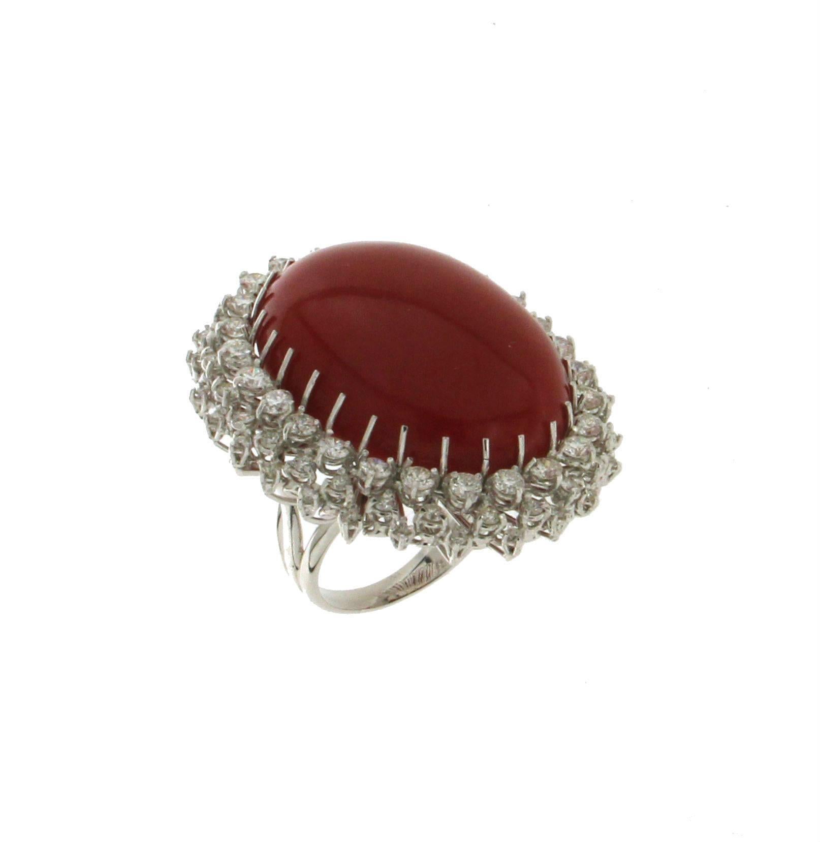 Sardinian Coral White Gold Diamonds Fashion Ring In New Condition In Marcianise, IT