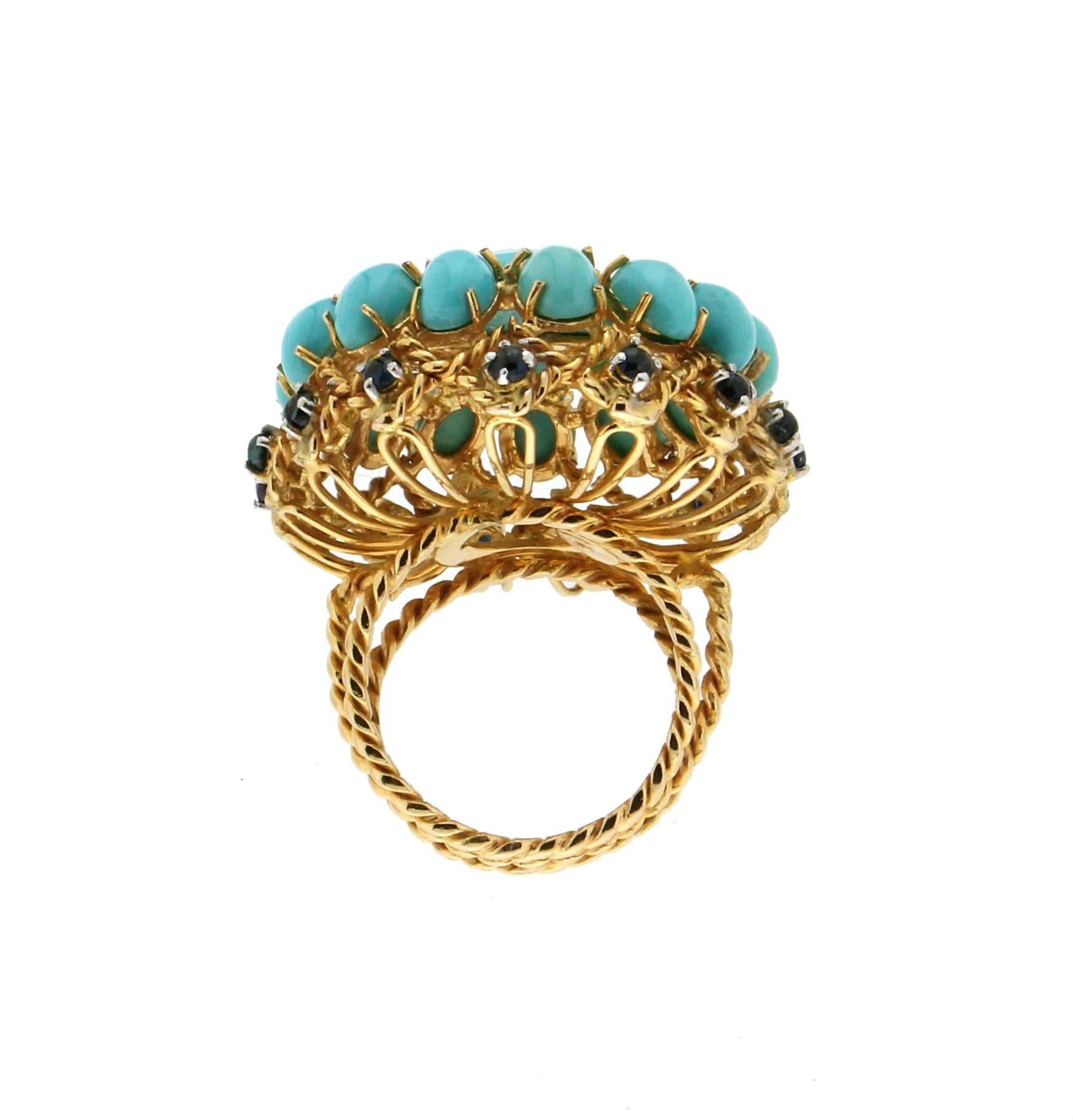 Yellow Gold Turquoise Diamonds and Sapphires Cocktail Ring In New Condition In Marcianise, IT